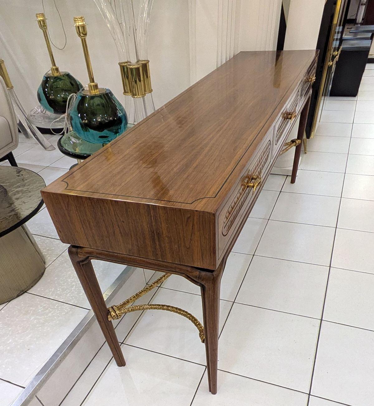 Credenza/console con 3 cassetti, 1940 circa, legno e bronzo in vendita 1