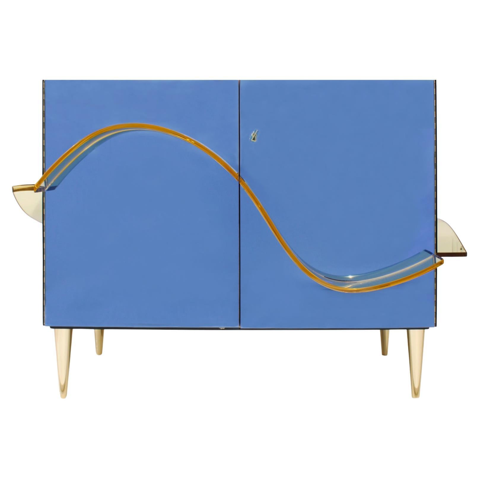 Italian Sideboard Covered In Blue and Orange Murano Mirrored Glass
