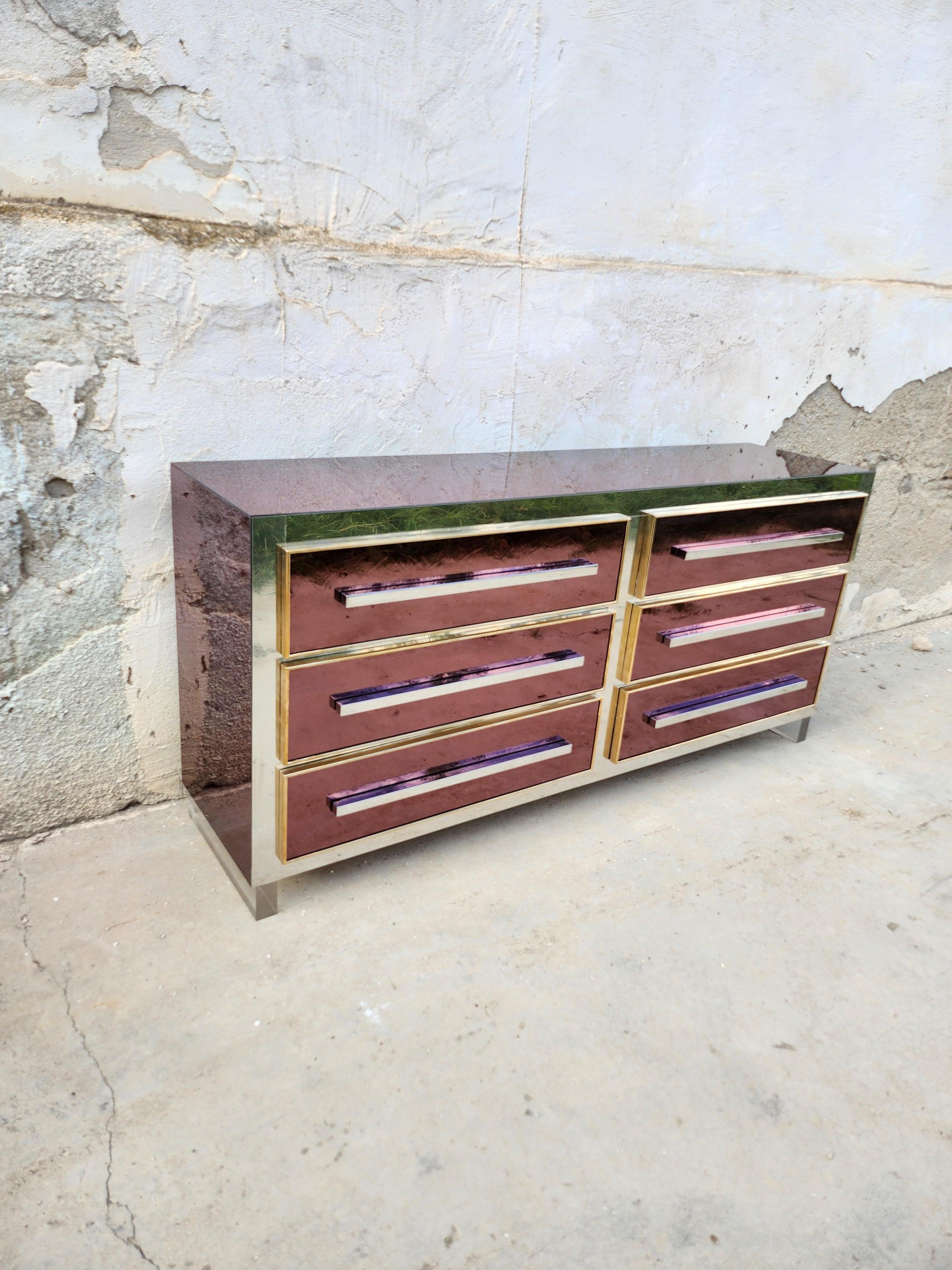 Mid-Century Modern Sideboard sideboard with mirrored drawers Sandro Petti & Michel Pigneres For Sale