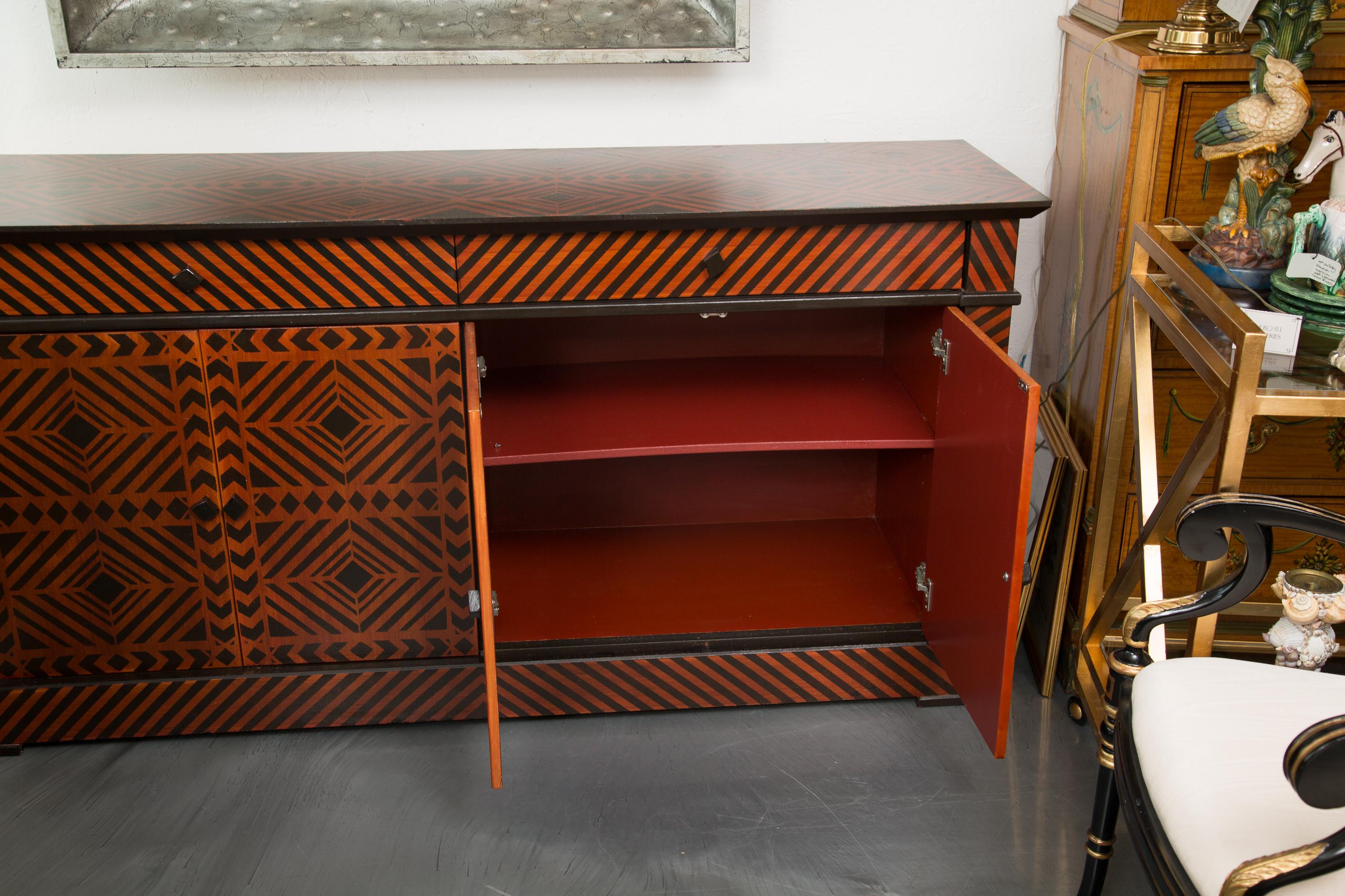 Hand-Crafted Sideboard Credenza Decorated in a Geometric Pattern