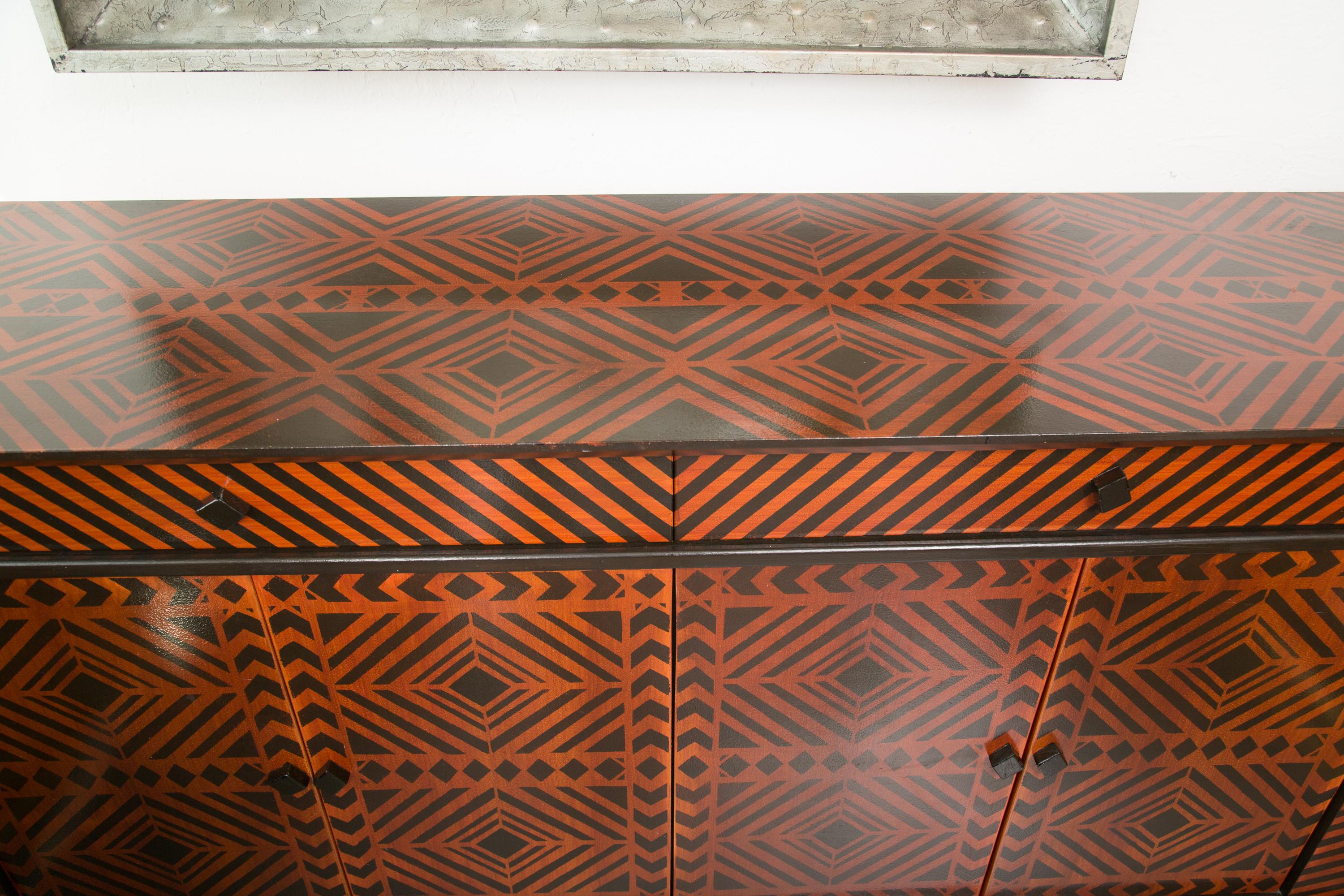 Wood Sideboard Credenza Decorated in a Geometric Pattern