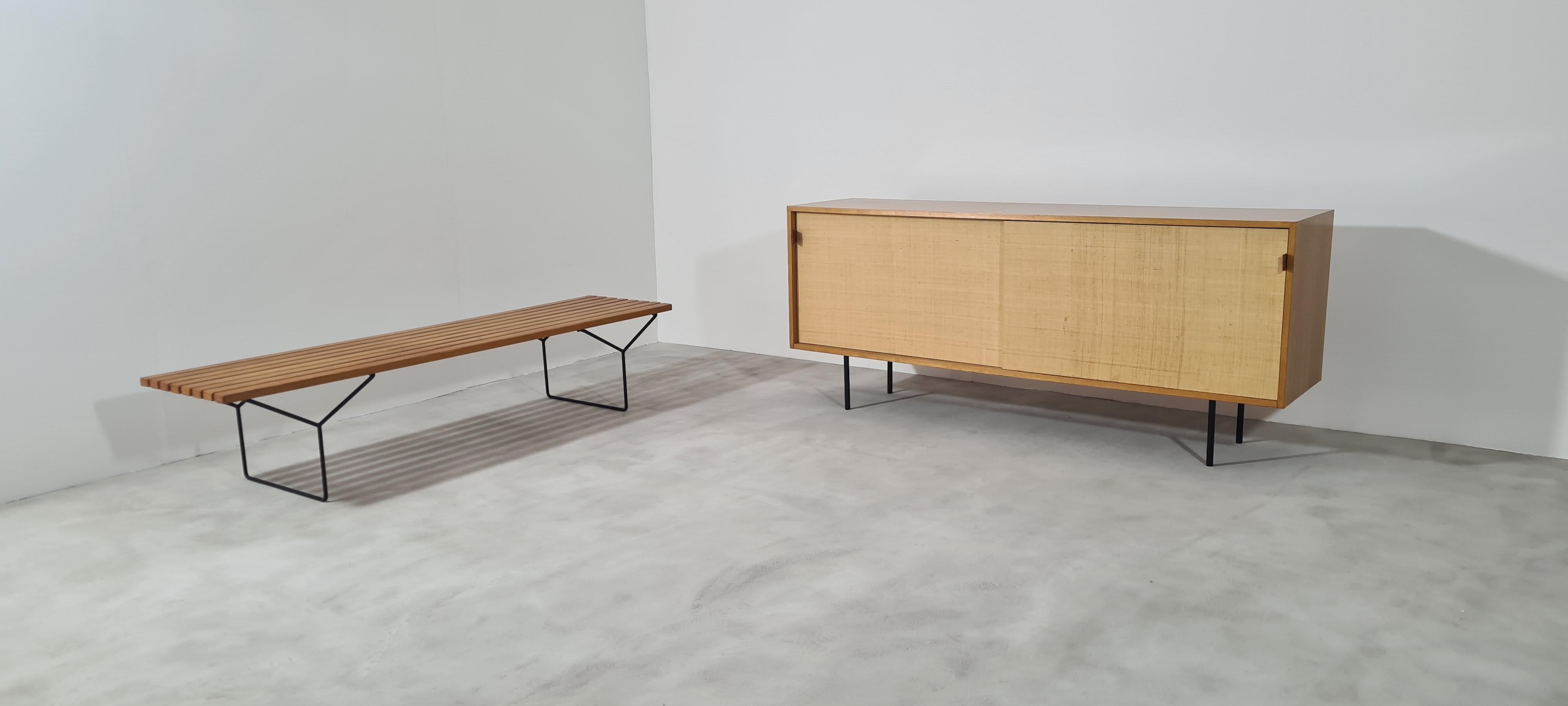 German Sideboard Credenza Florence Knoll with Sliding Doors Sea Grass Knoll 1960's For Sale