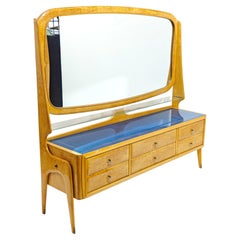 Sideboard Kredenz Spiegel Wood Messing Glas Blau Mid Century Italien 50/60s