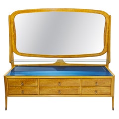 Sideboard Kredenz Spiegel Wood Messing Glas Blau Mid Century Italien 50/60s