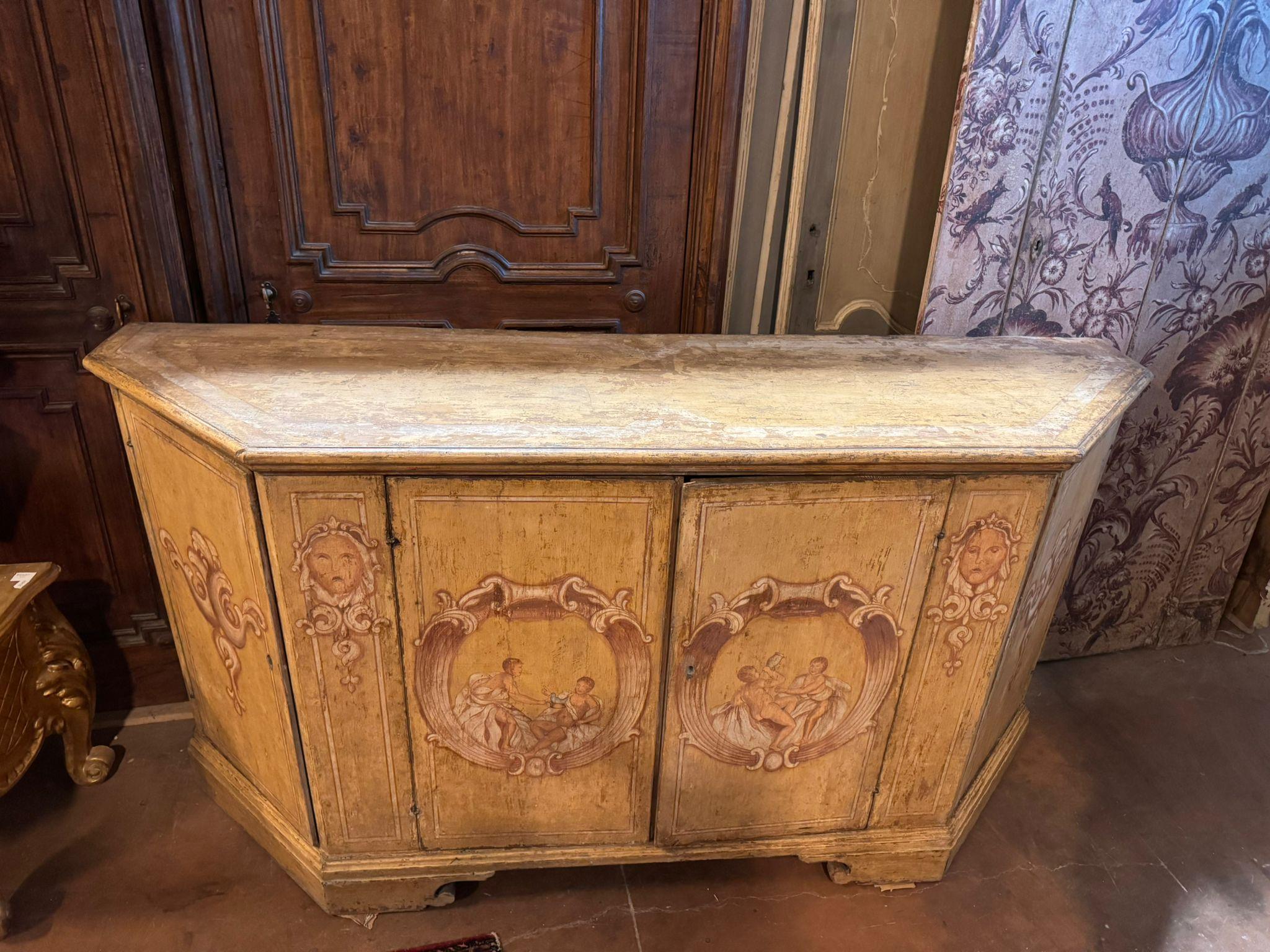 Hand-Painted Sideboard credenzas in lacquered wood and painted with figures, Italy For Sale