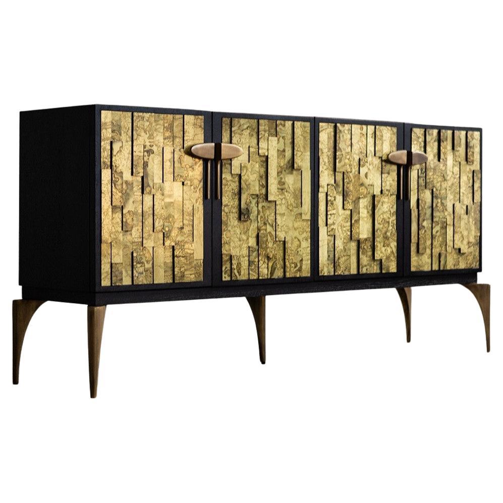 Sideboard Featuring Layered Brass Door Facades For Sale