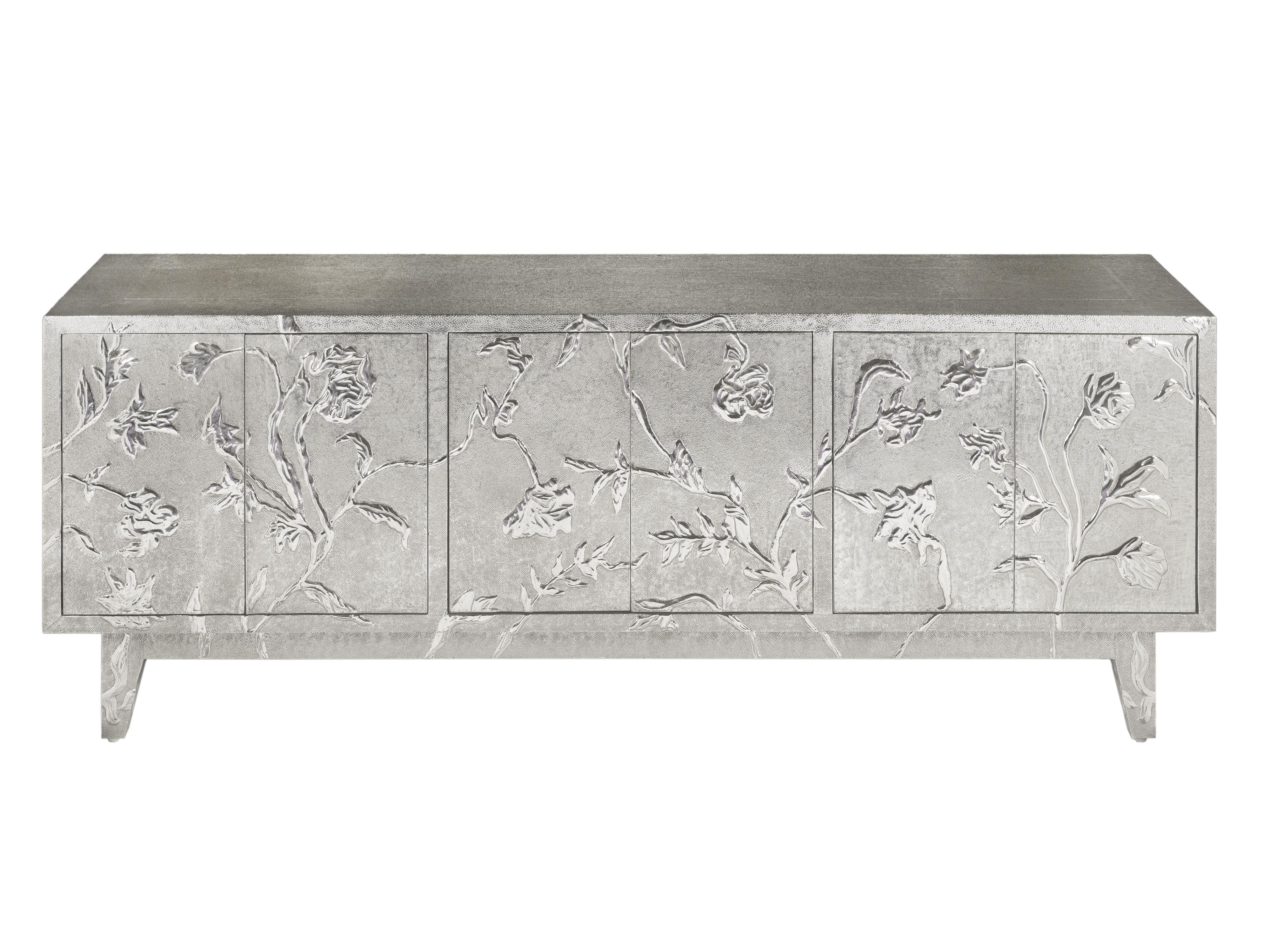 Indian Art Deco Sideboard Floral Hand Carved White Bronze Clad on Wood by Paul Mathieu For Sale