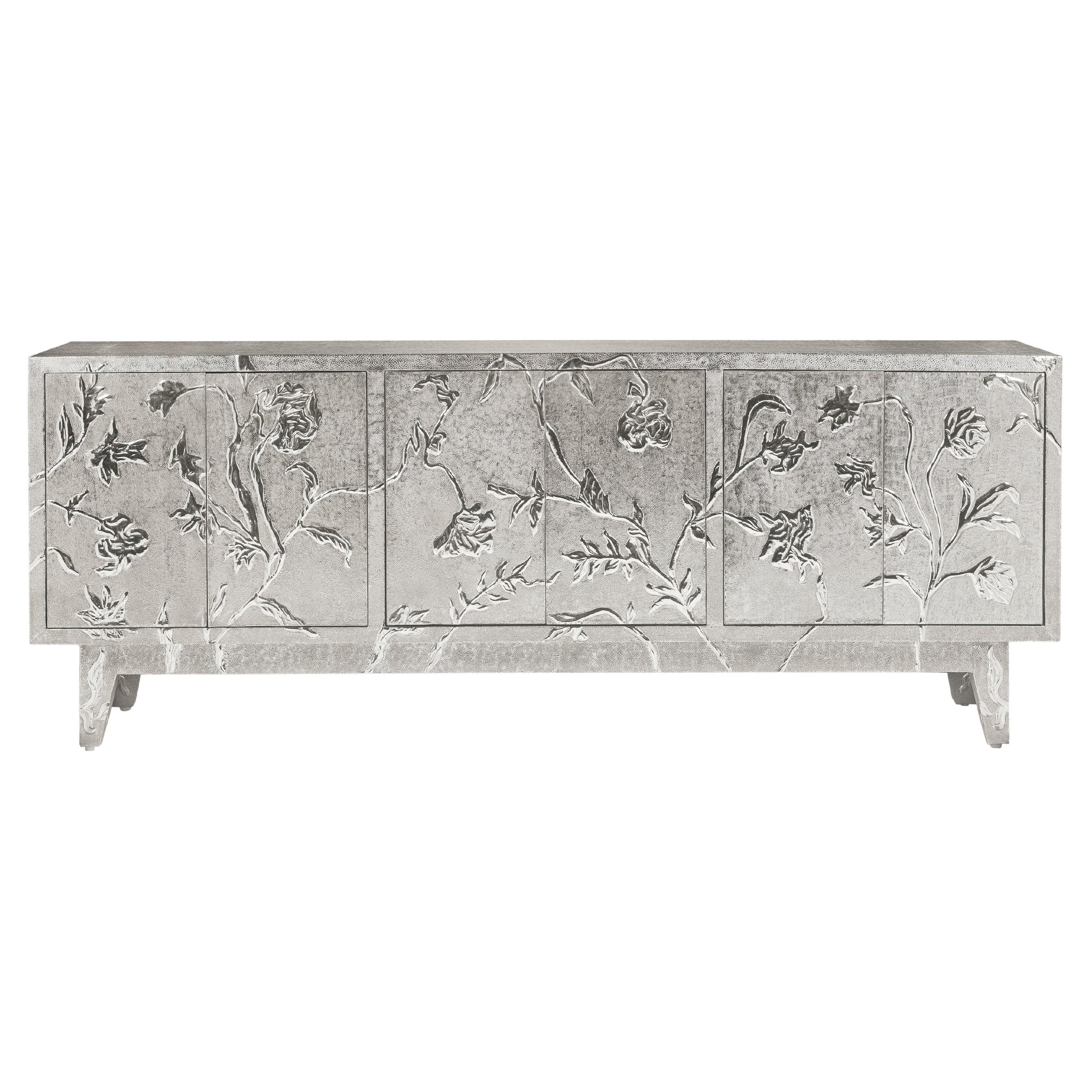 Art Deco Sideboard Floral Hand Carved White Bronze Clad on Wood by Paul Mathieu For Sale