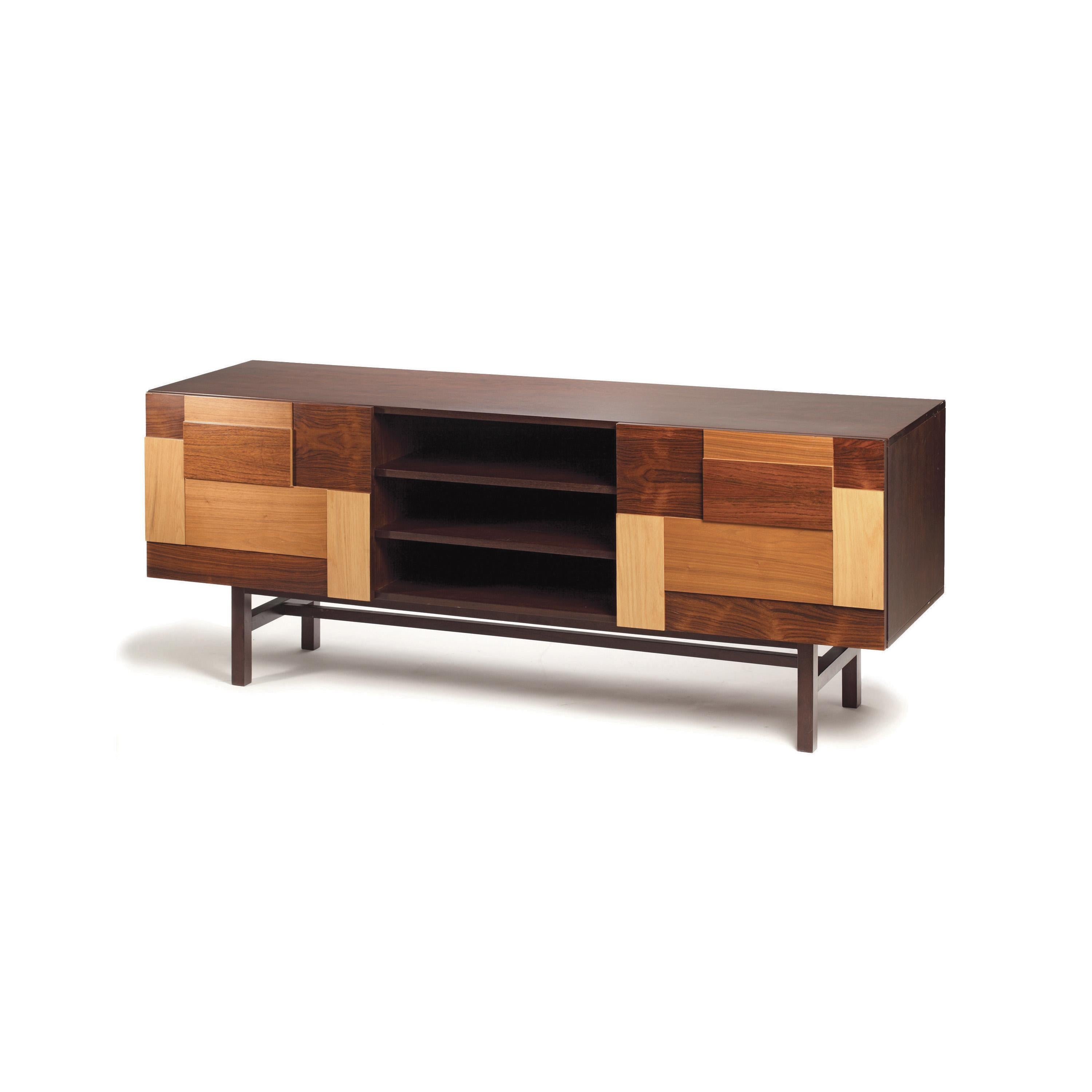 Form sideboard is a high quality product by Mambo Unlimited Ideas, crafted in polished or matte wood veneer structure and feet, combining natural oak, natural walnut, dark walnut and iron wood, brass applications. It features three dimensional