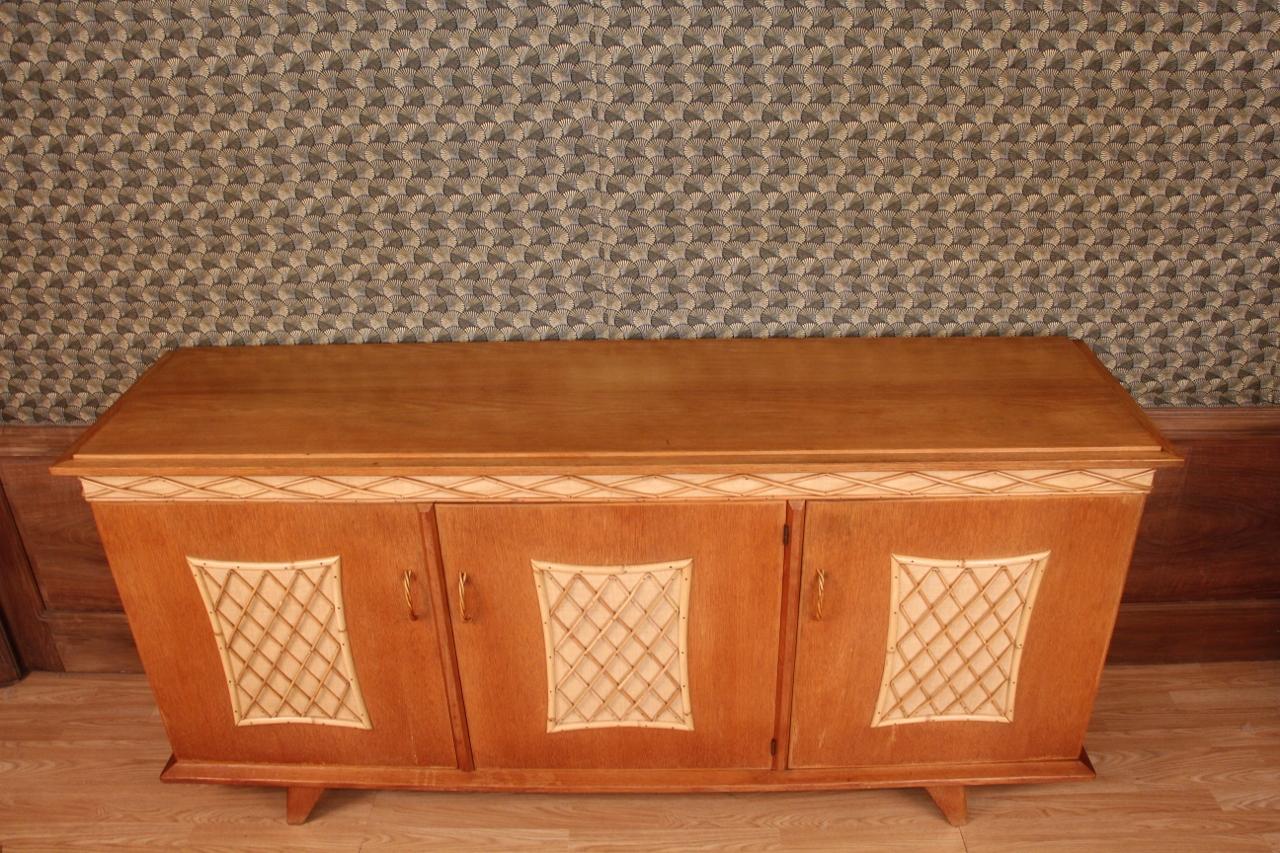 sideboard in rattan and oak veneer, in good condition, attributed to audoux minet