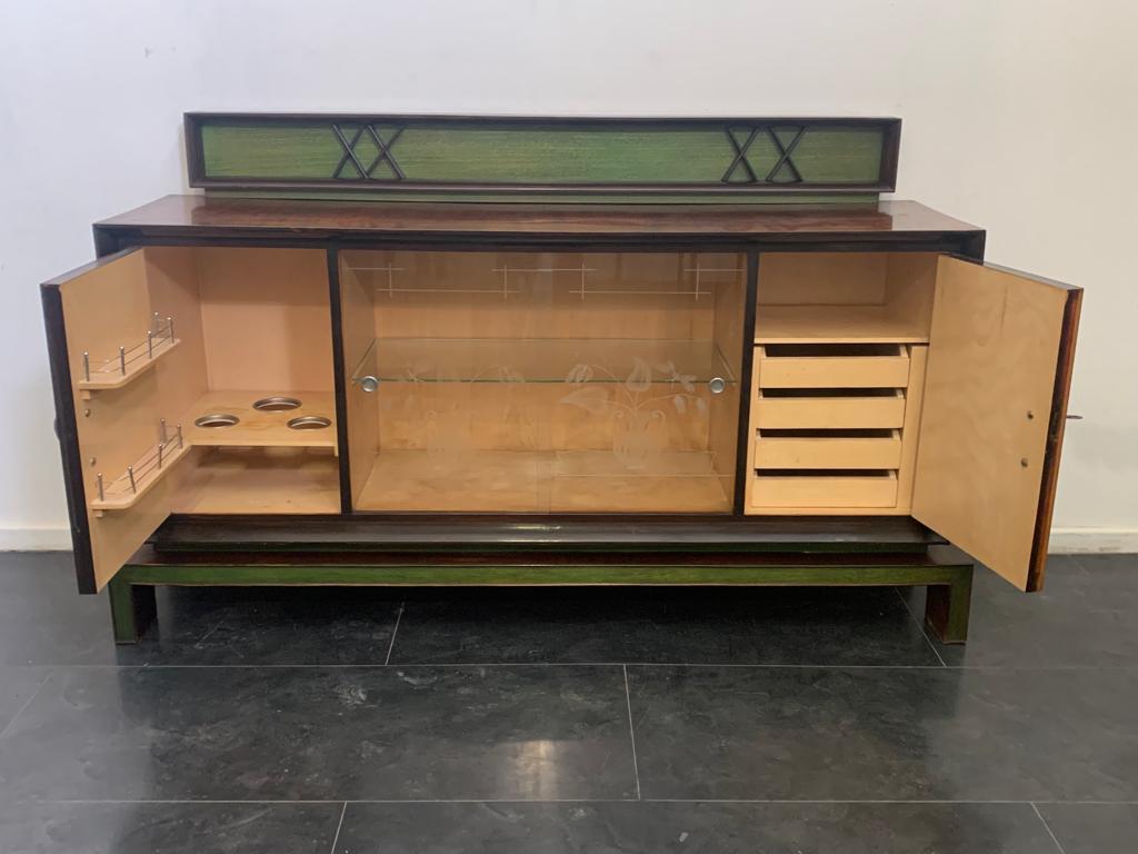 Metal Sideboard in Art Deco Style in Green Rosewood, 1930s For Sale