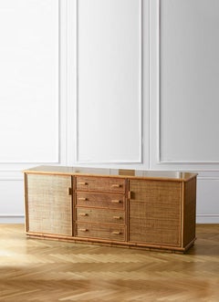 Sideboard in bamboo and wicker with wooden shelf, 1980
