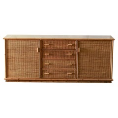 Sideboard in bamboo and wicker with wooden shelf, 1980