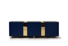 Blue Sideboard in Brass and Colorful Lacquered Wood, Geometric-Shaped