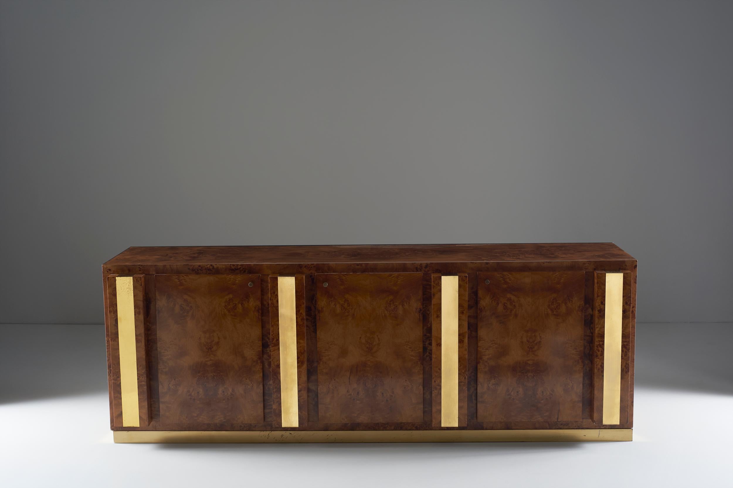 Italian Sideboard in Briarwood with Brass Finish, circa 1970