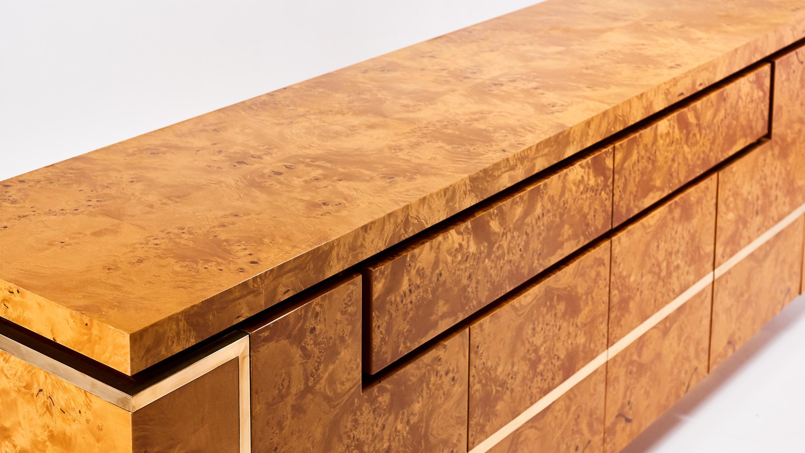Sideboard in Burl Wood and Brass, Jean Claude Mahey for Roche Bobois, 1978 4