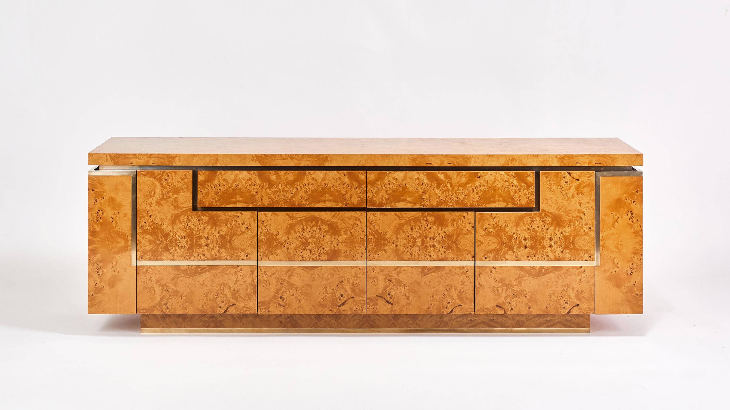 Sideboard in Burl Wood and Brass, Jean Claude Mahey for Roche Bobois, 1978 5