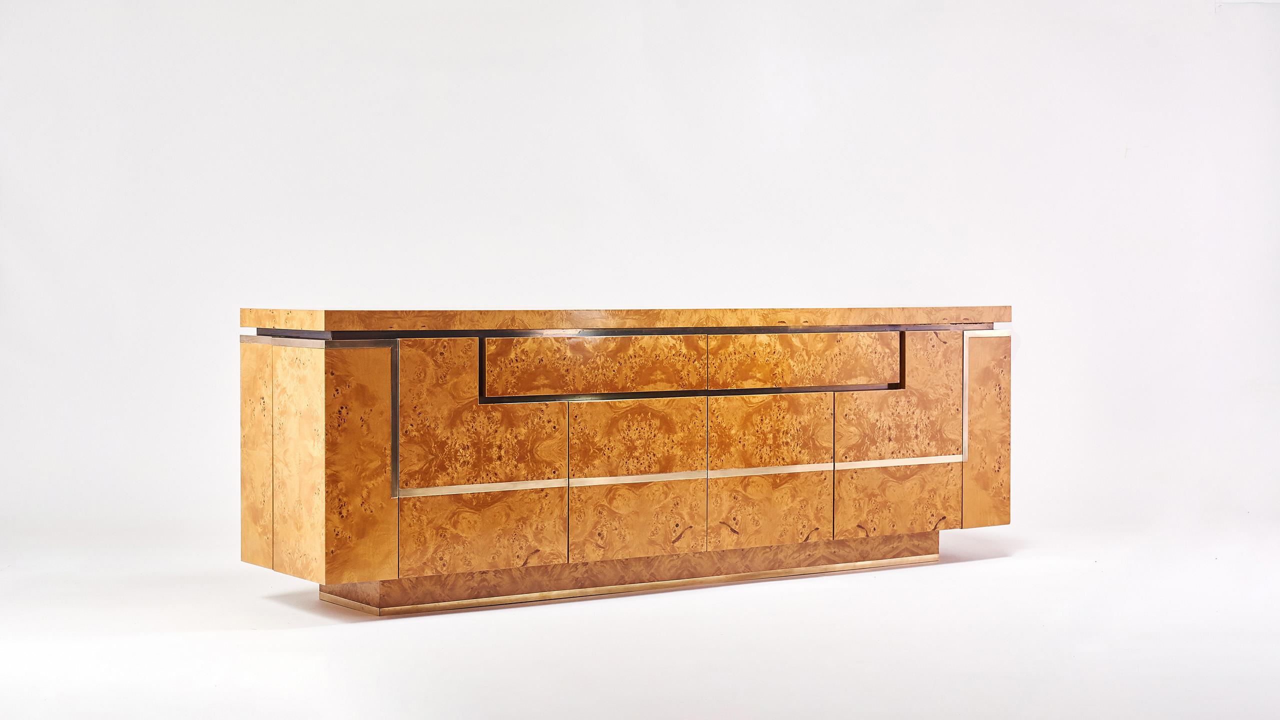 Sideboard in Burl Wood and Brass, Jean Claude Mahey for Roche Bobois, 1978 7