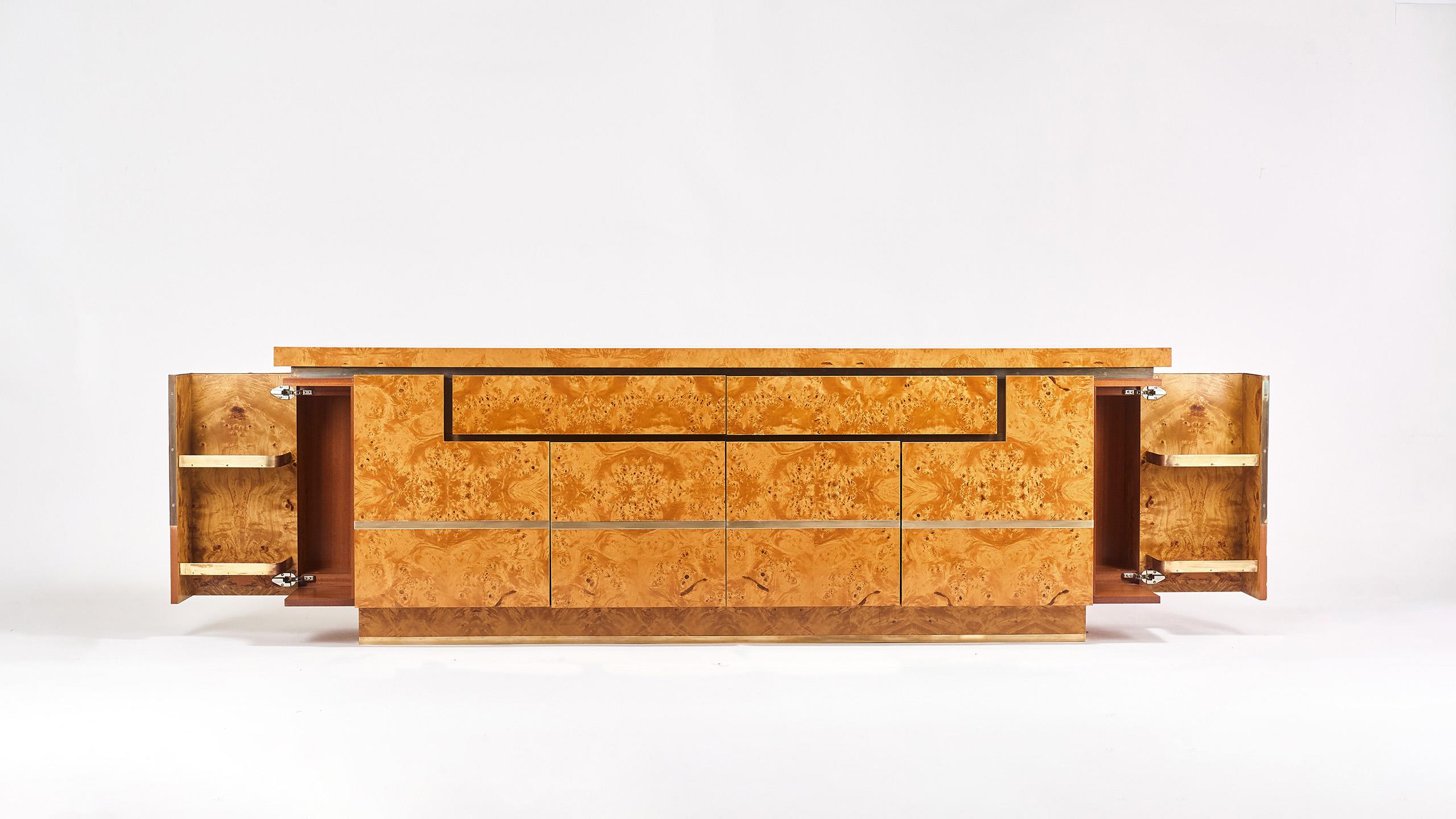 Hollywood Regency Sideboard in Burl Wood and Brass, Jean Claude Mahey for Roche Bobois, 1978
