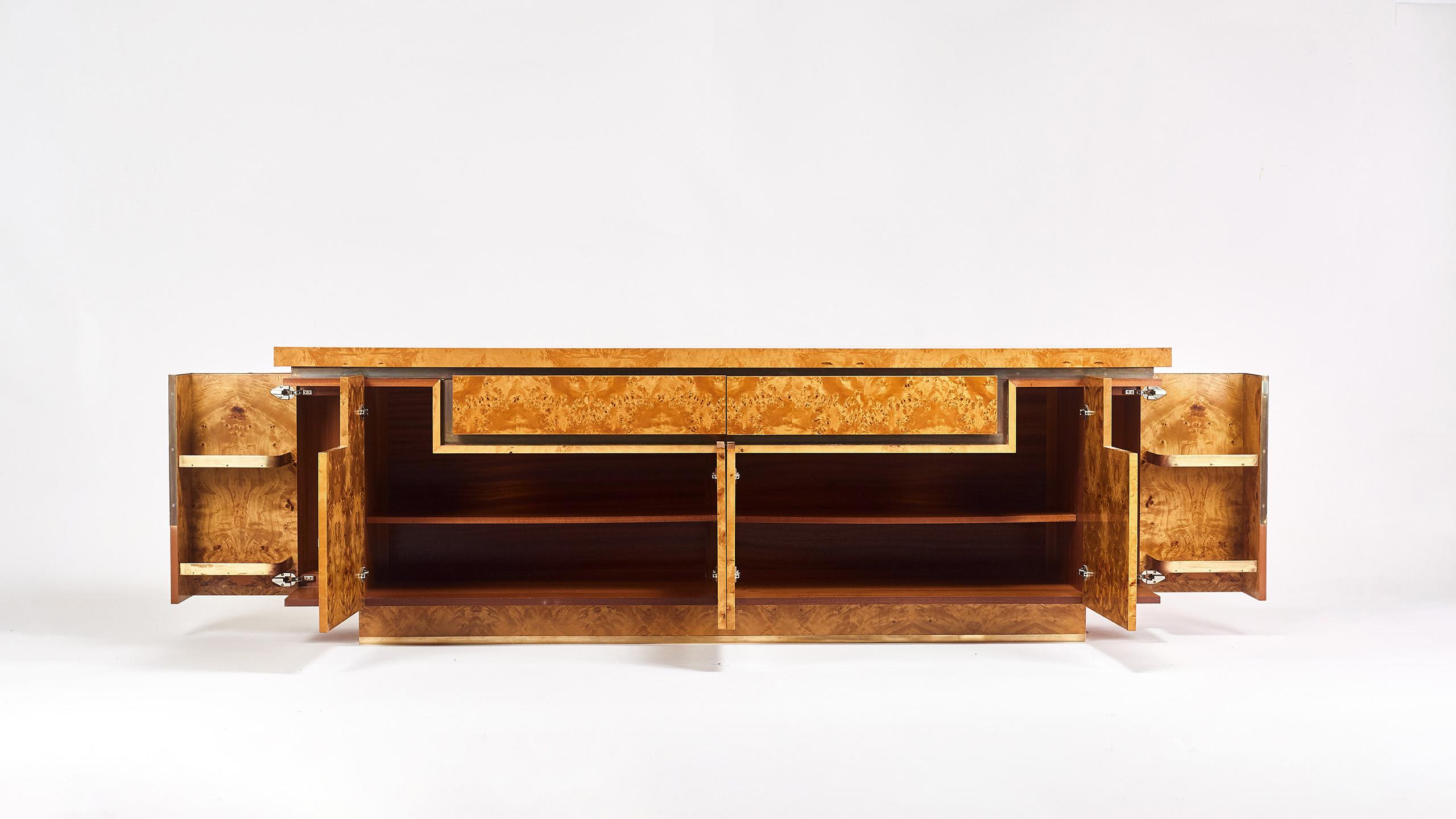 French Sideboard in Burl Wood and Brass, Jean Claude Mahey for Roche Bobois, 1978