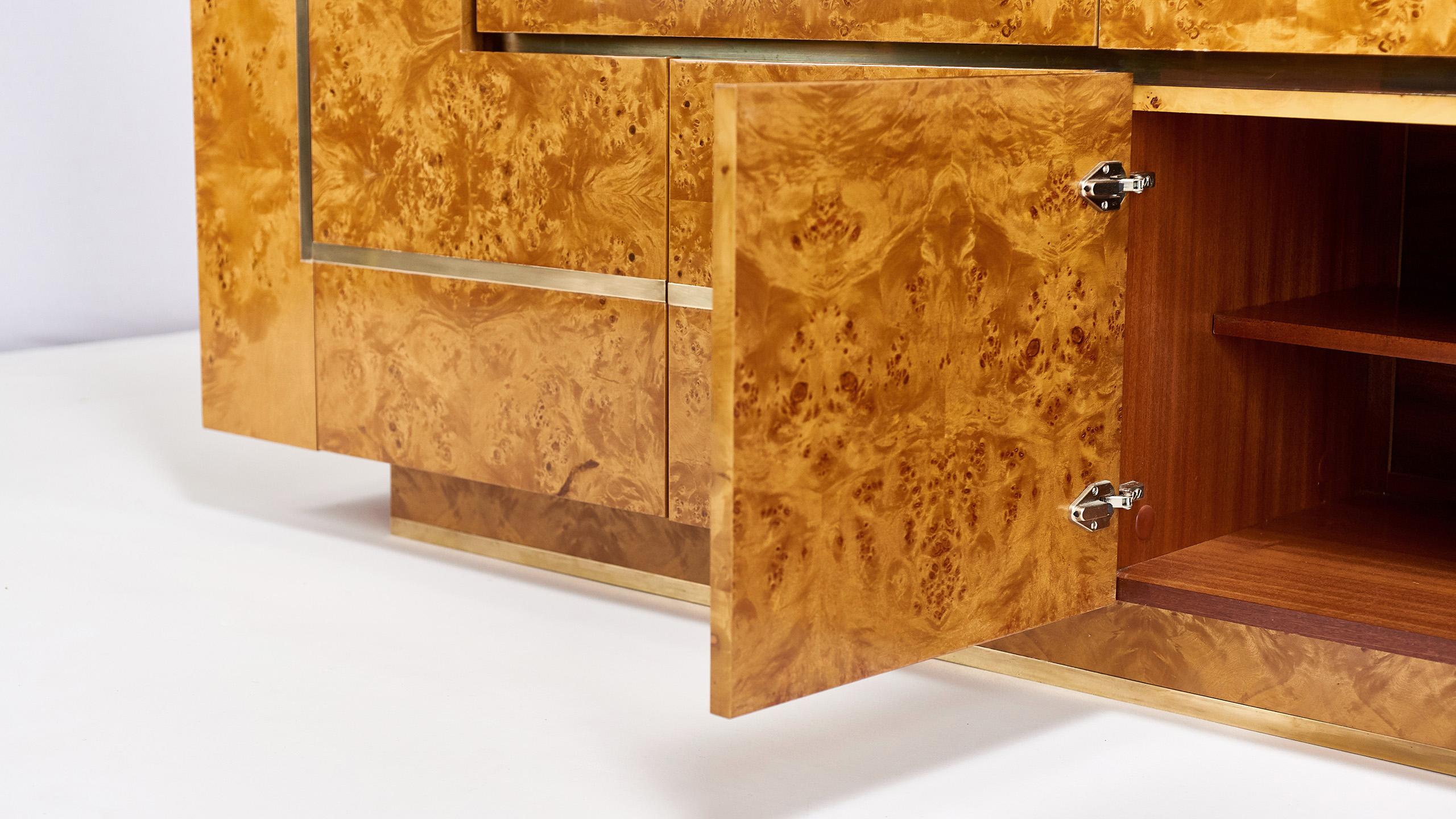 Sideboard in Burl Wood and Brass, Jean Claude Mahey for Roche Bobois, 1978 1