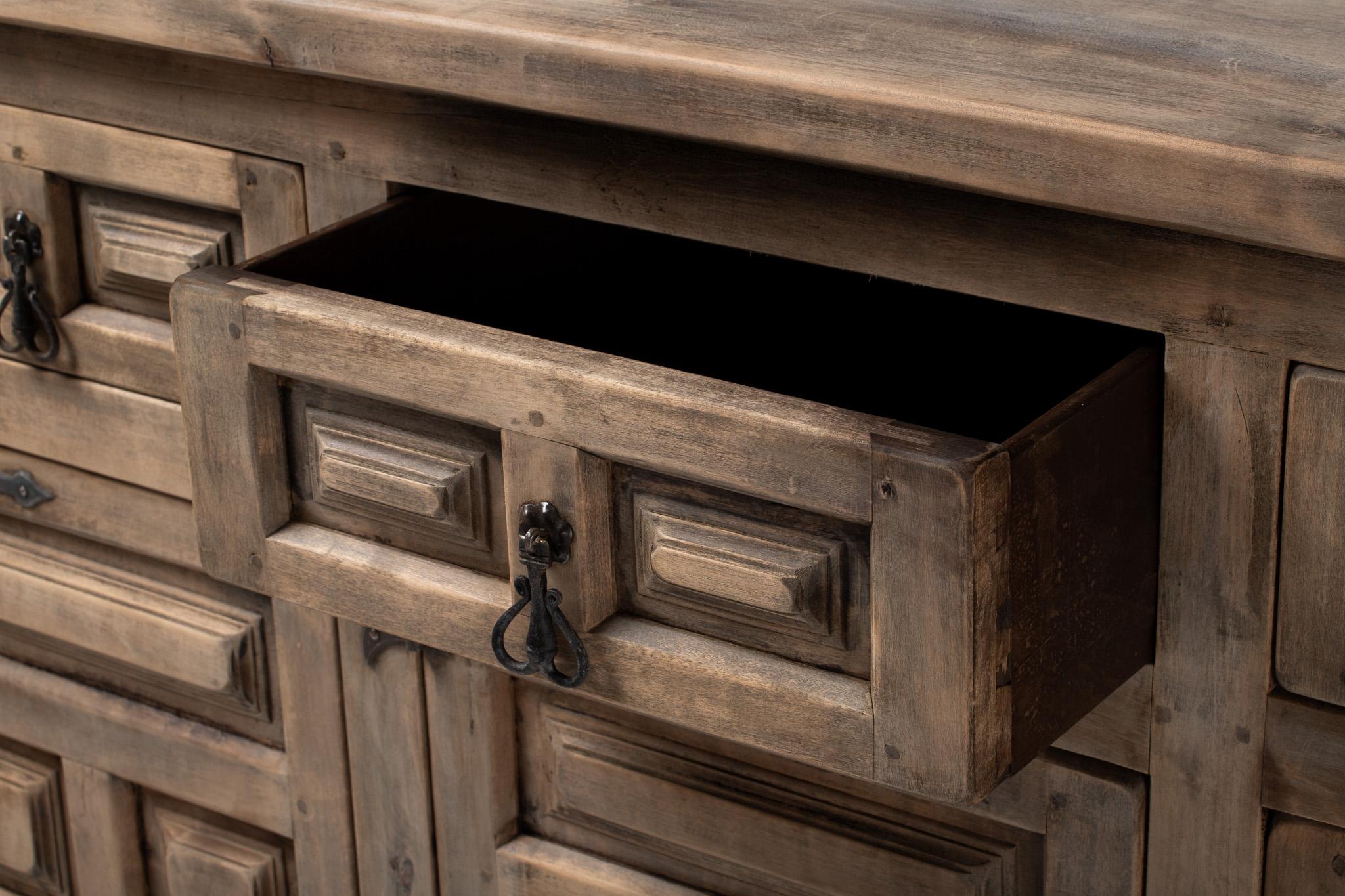 Sideboard in Carved Elm with Forged Iron Hardware, Spain, 1940s 4