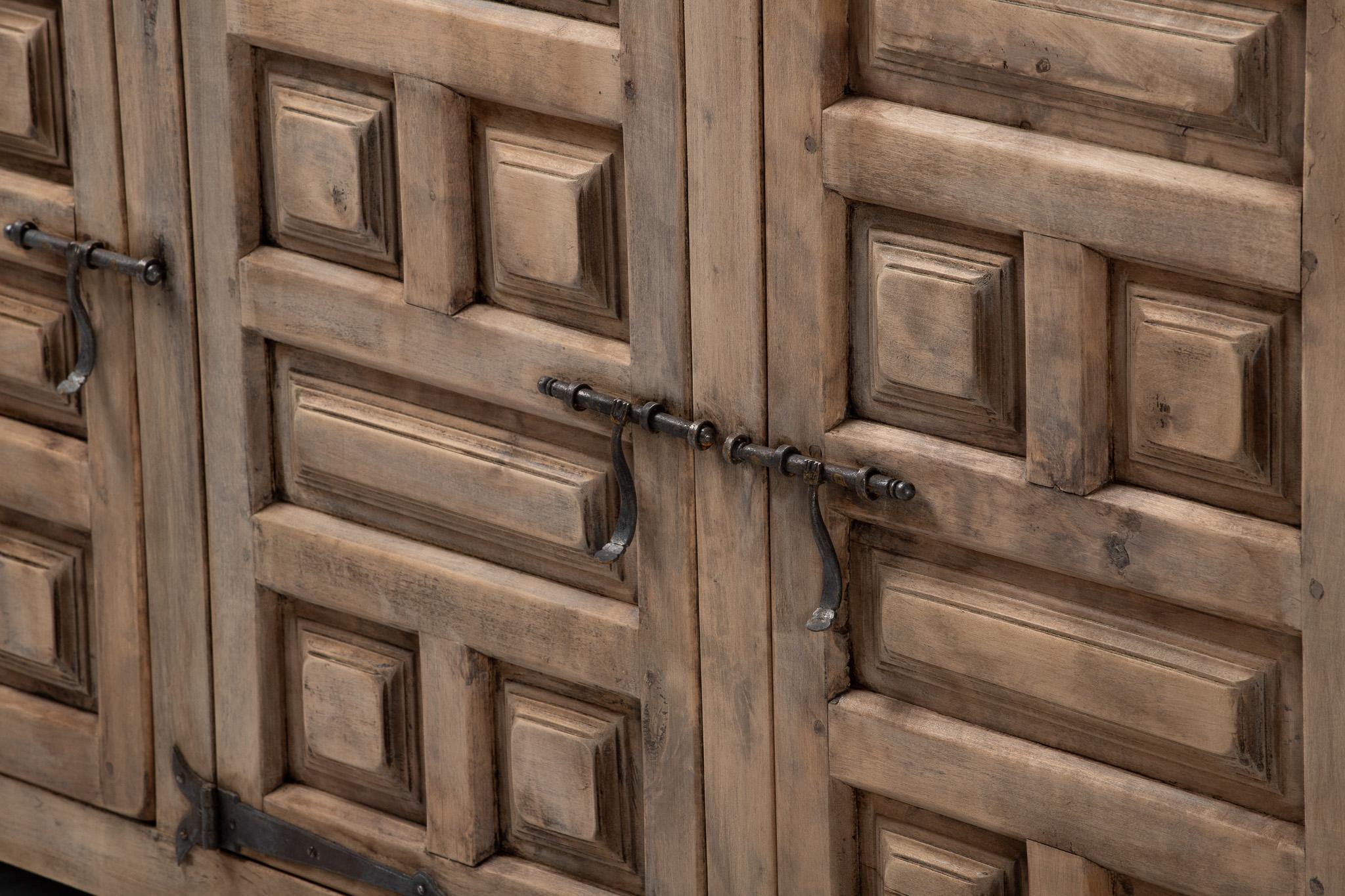 Spanish Colonial Sideboard in Carved Elm with Forged Iron Hardware, Spain, 1940s