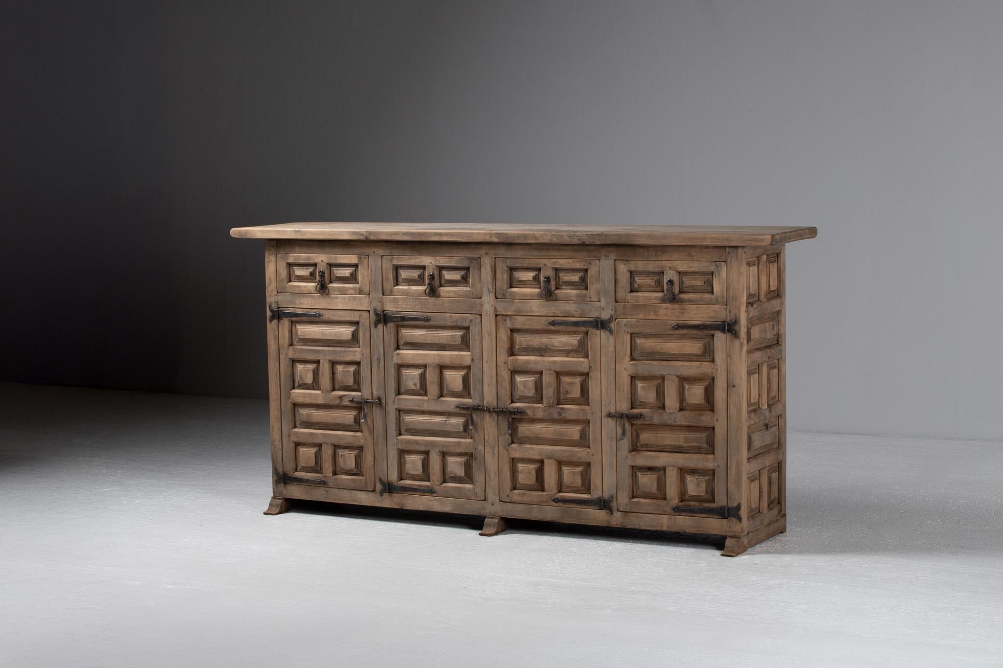 Spanish Sideboard in Carved Elm with Forged Iron Hardware, Spain, 1940s