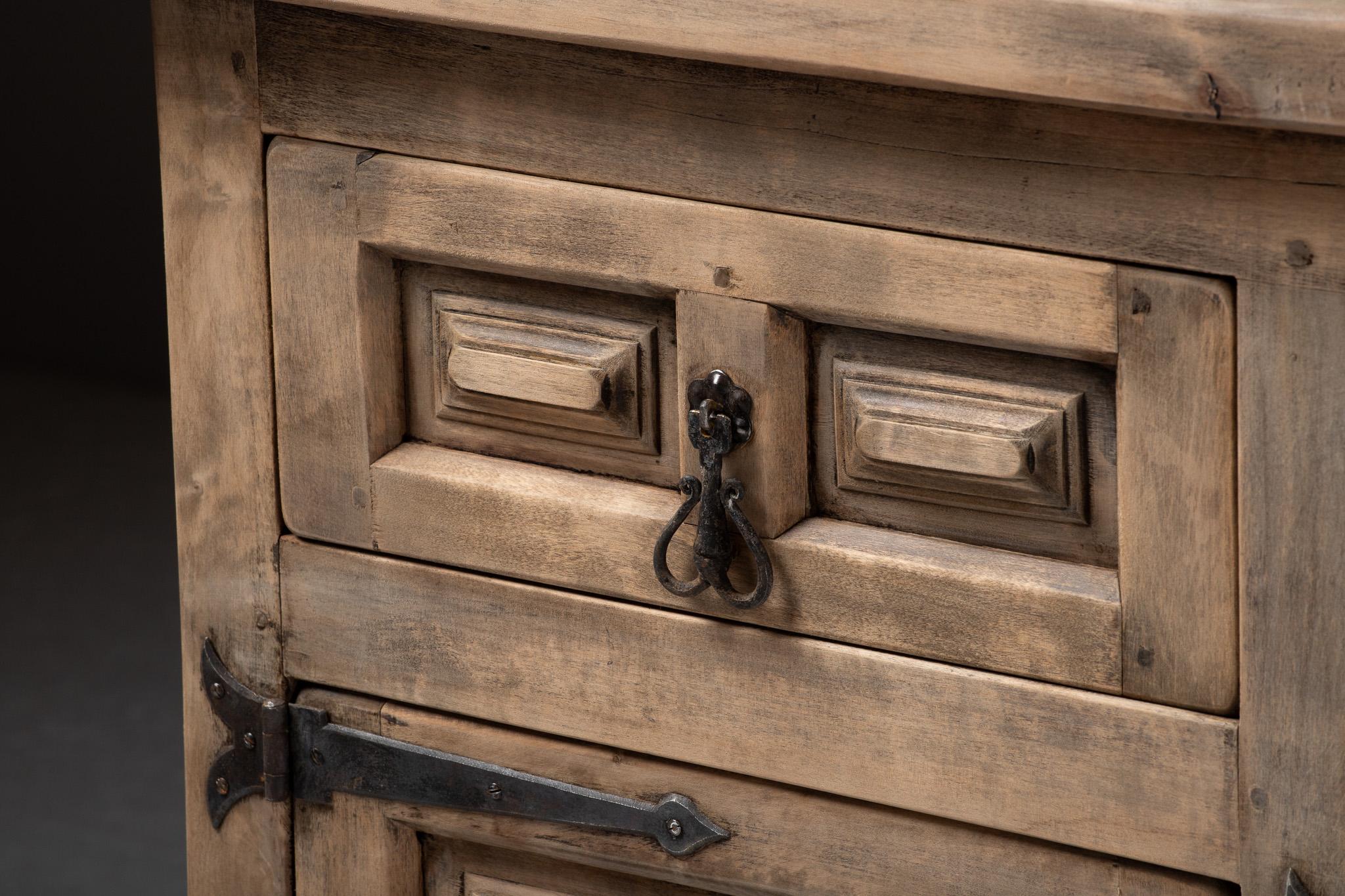 Mid-20th Century Sideboard in Carved Elm with Forged Iron Hardware, Spain, 1940s