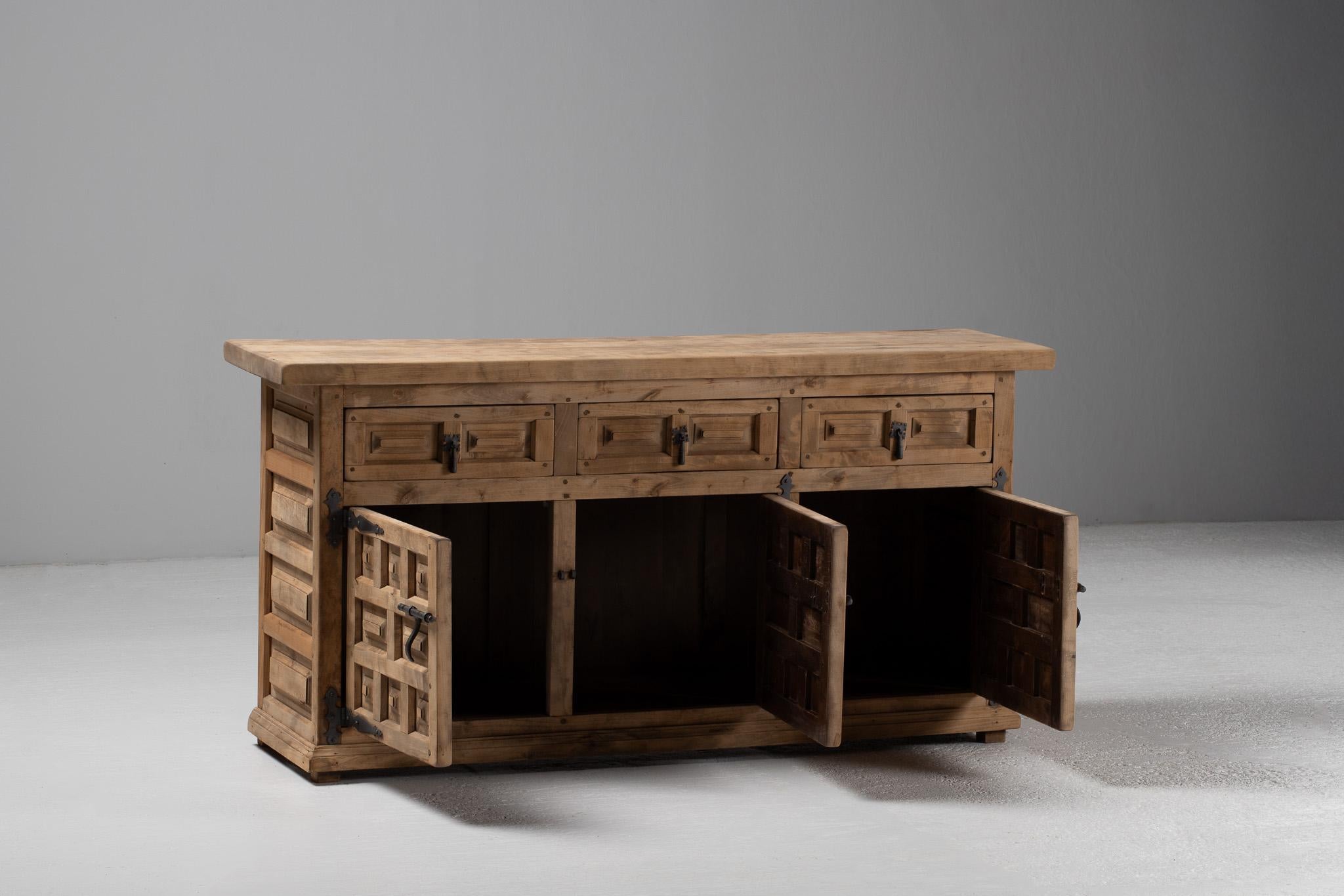 Spanish Colonial Sideboard in Carved Oak, Spain, 1940s For Sale