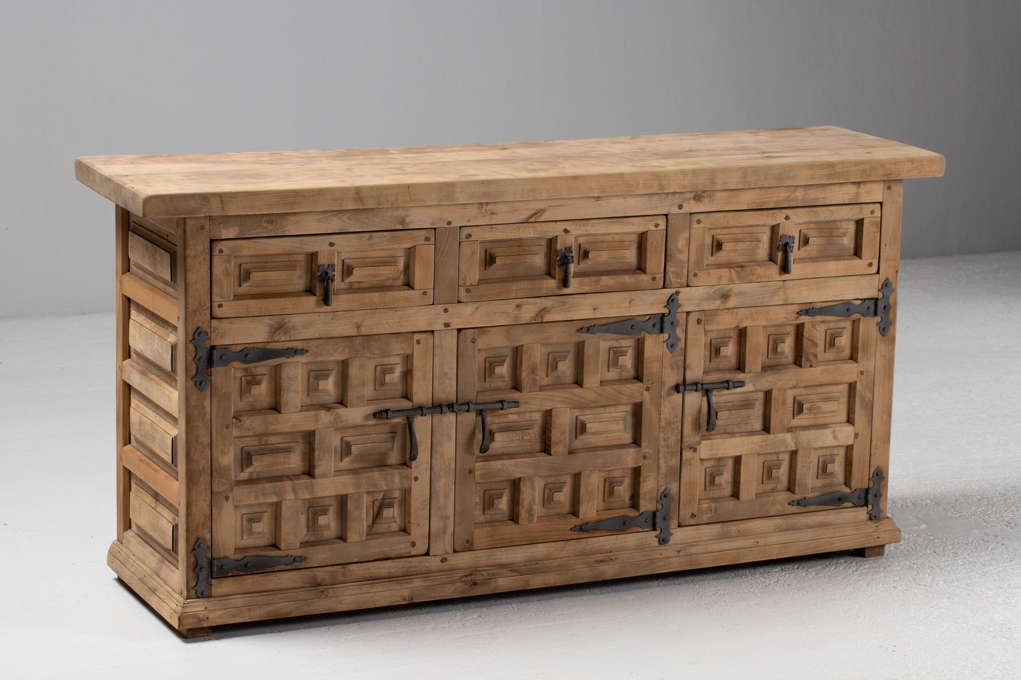 Spanish Sideboard in Carved Oak, Spain, 1940s For Sale