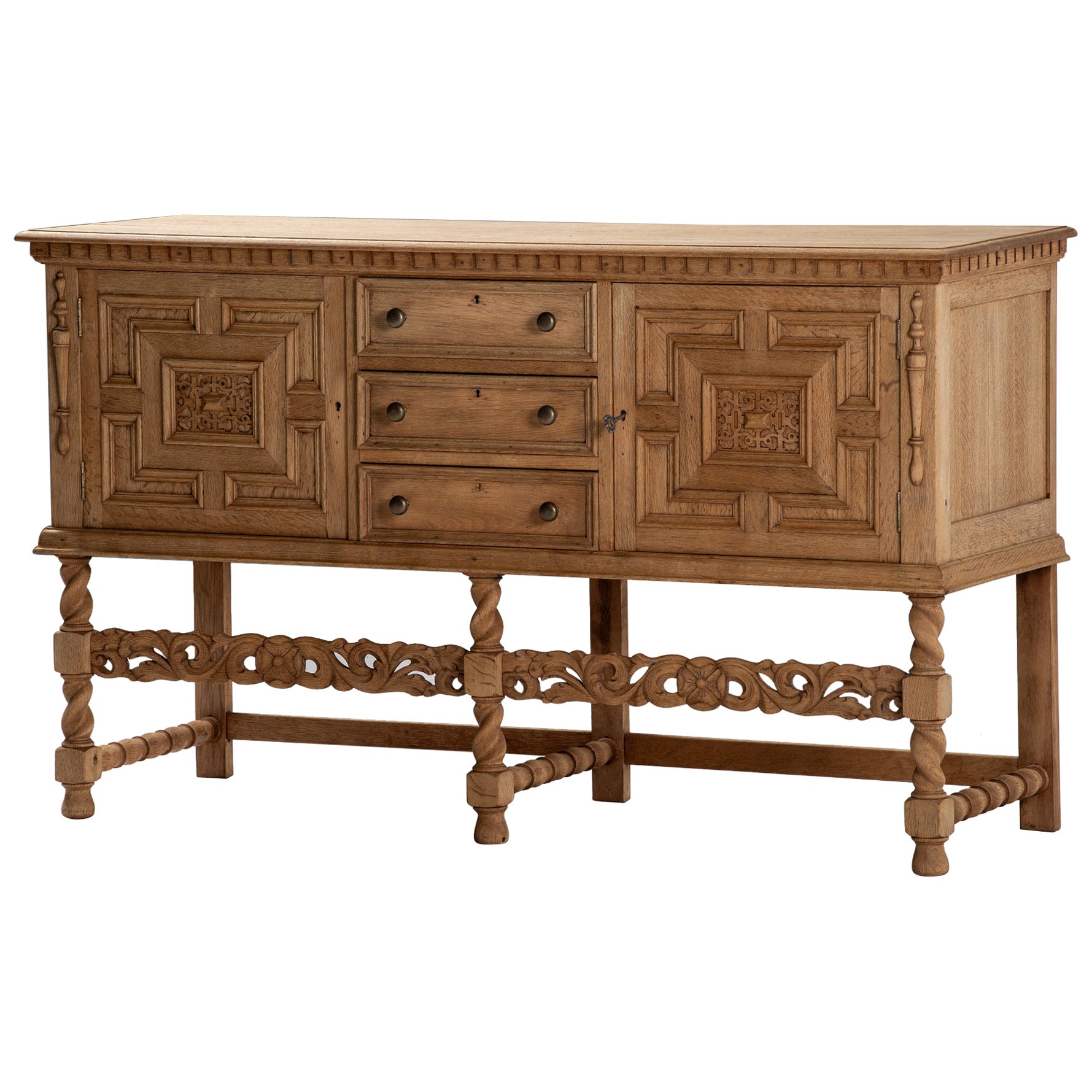 Sideboard in Carved Oak with Turned Legs, Spain, 1940s
