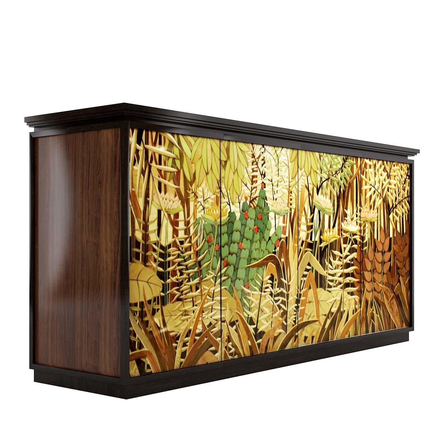 A sculptural work of art defined by meticulous craftsmanship, this sideboard boasts impeccable marquetry covering the front doors inspired by French artist Henri Rosseau's art. Part of the Jungle Collection and exuding an Art Deco allure, this piece