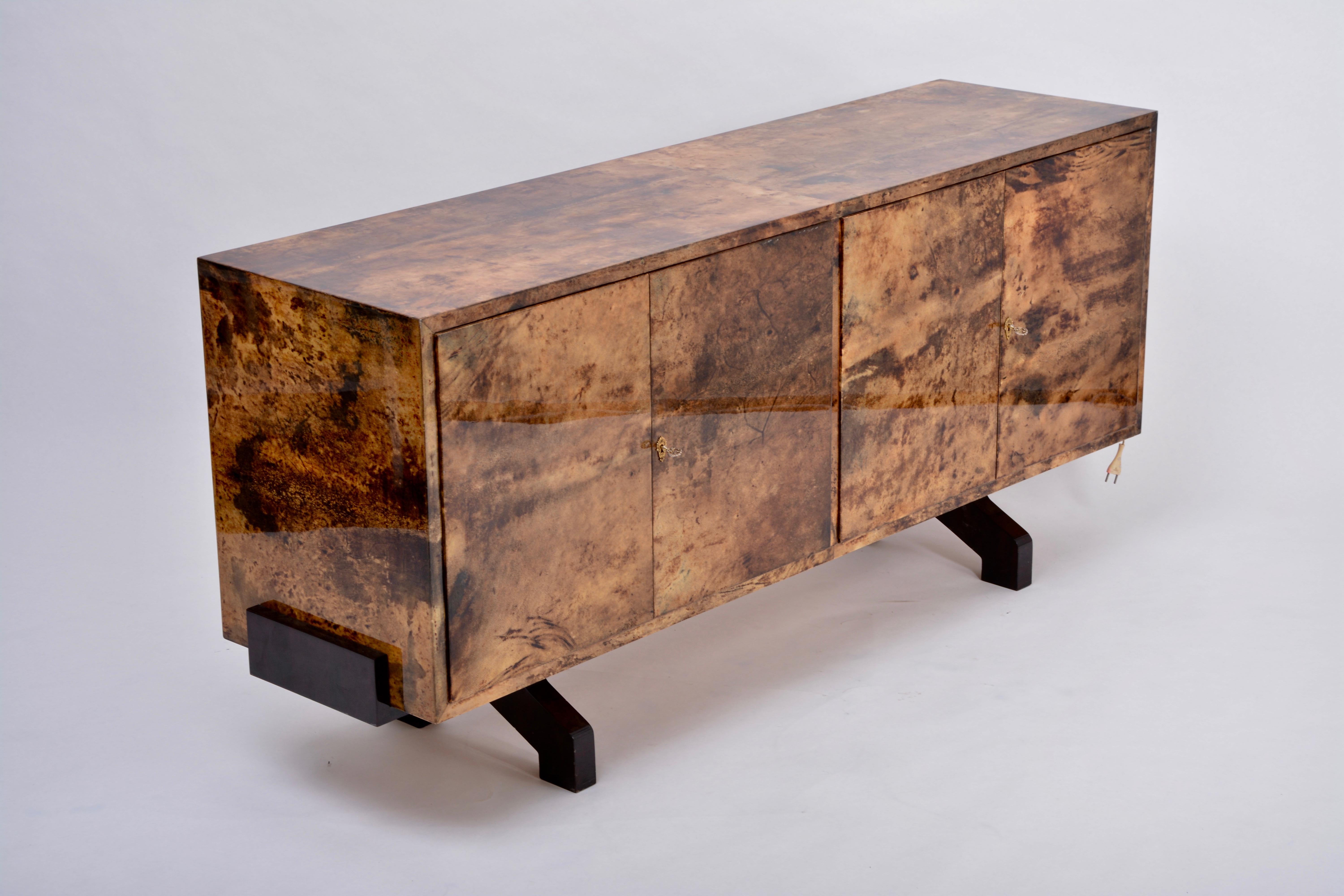 Goatskin Mid-Century Sideboard in Brown Lacquered Goat Skin by Aldo Tura, Italy, 1970s