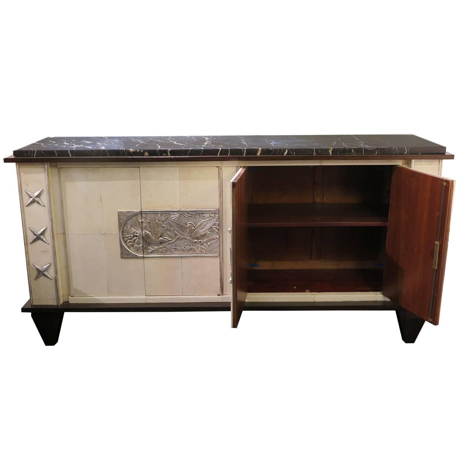 Art Deco Sideboard in Parchment with Silver Relief-Work, France, 1940s-1950s For Sale
