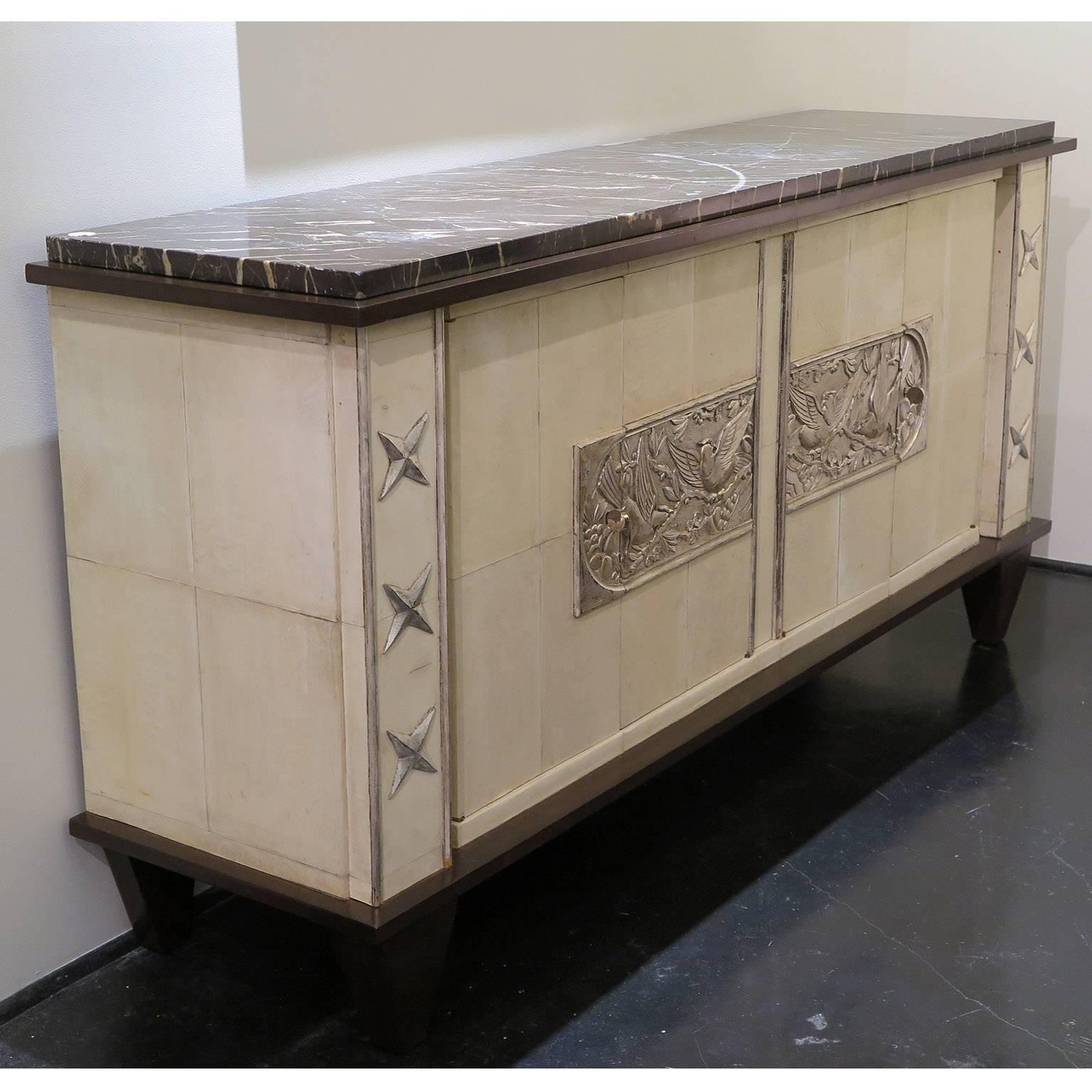Mid-20th Century Sideboard in Parchment with Silver Relief-Work, France, 1940s-1950s For Sale