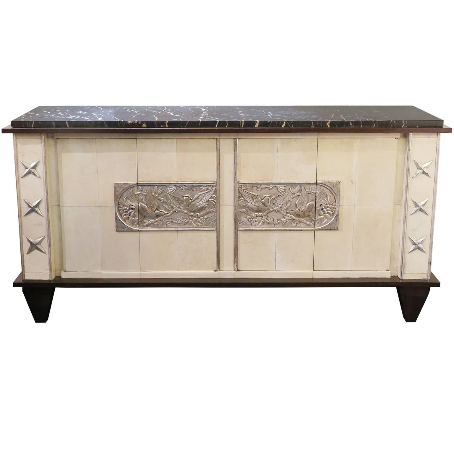 Sideboard in Parchment with Silver Relief-Work, France, 1940s-1950s