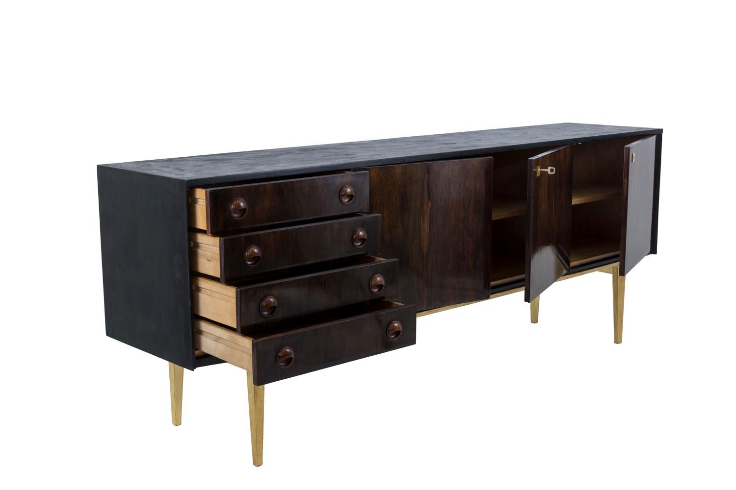 Sideboard in Rio Rosewood and Gilt Metal, 1970s In Good Condition In Saint-Ouen, FR