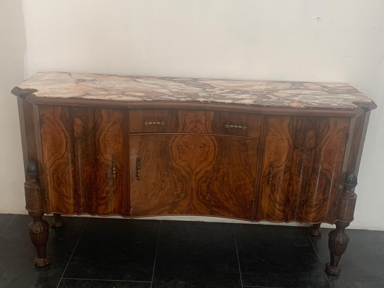 Italian Sideboard in Rosewood, Breccia and Medicean Stone, 30s For Sale