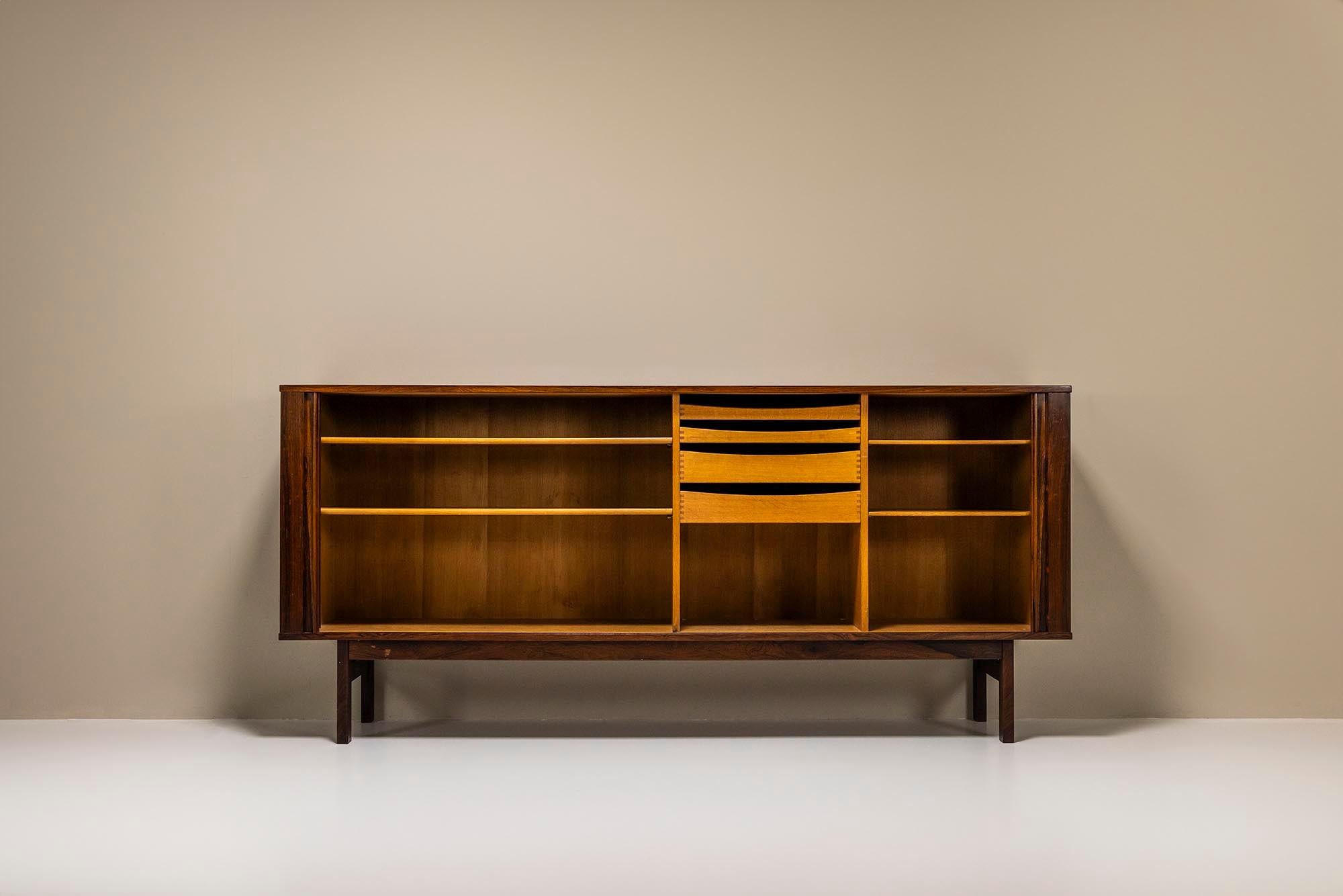 Mid-20th Century Sideboard In Rosewood With Tambour Doors, Denmark 1960's For Sale