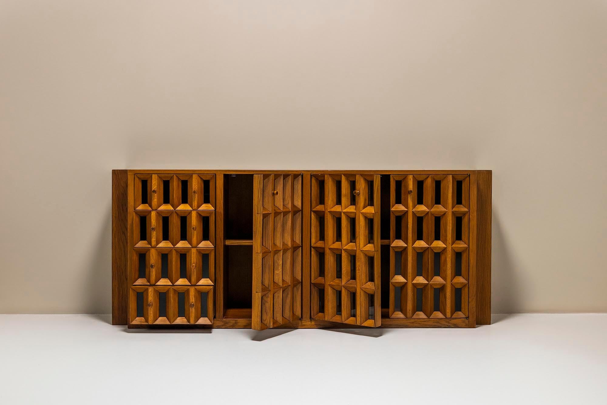 Late 20th Century Sideboard in Slavonian Oak with Glass Framed Doors by Giuseppe Rivadossi For Sale