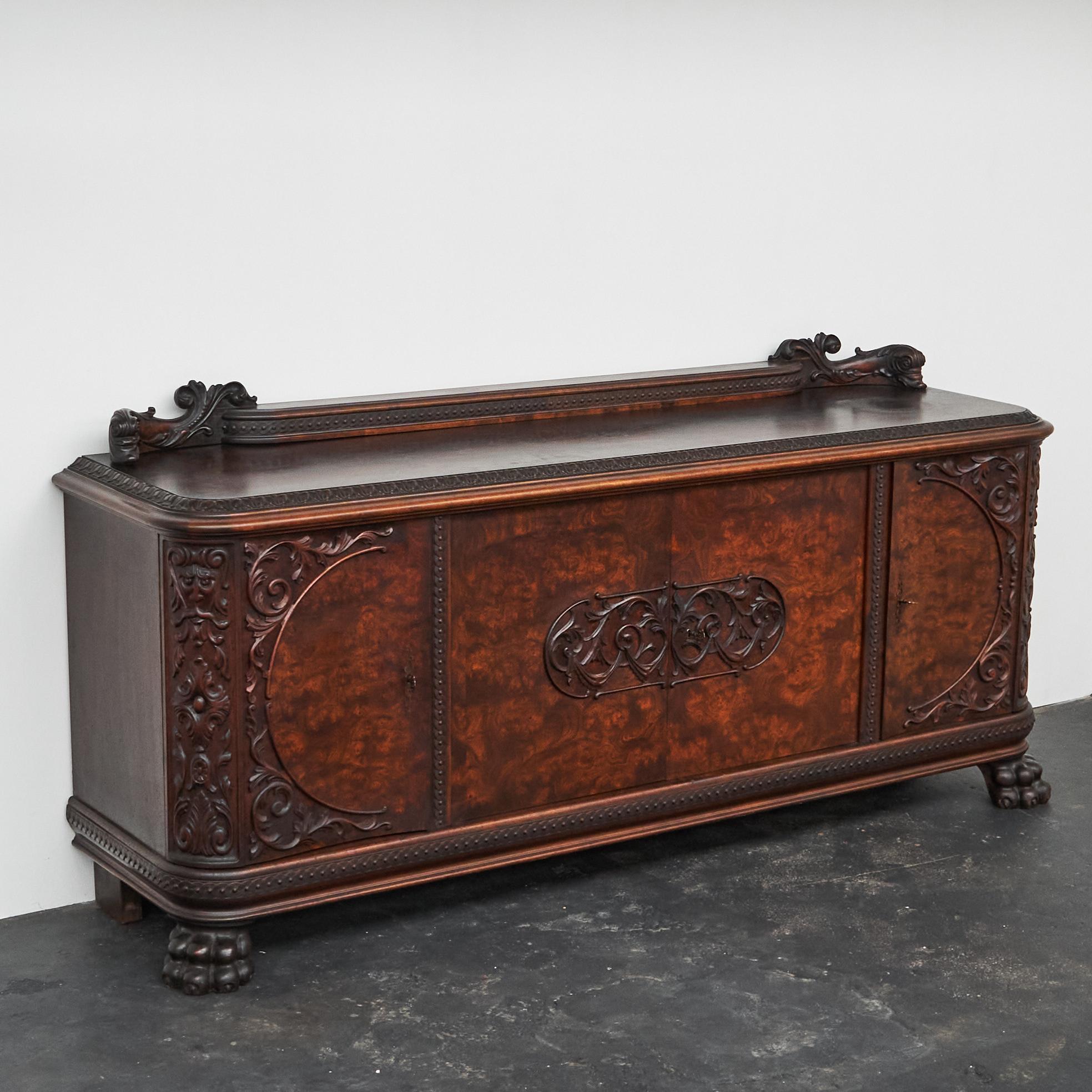 Art Deco Sideboard in Solid Carved Wood and Walnut Burl 1940s For Sale