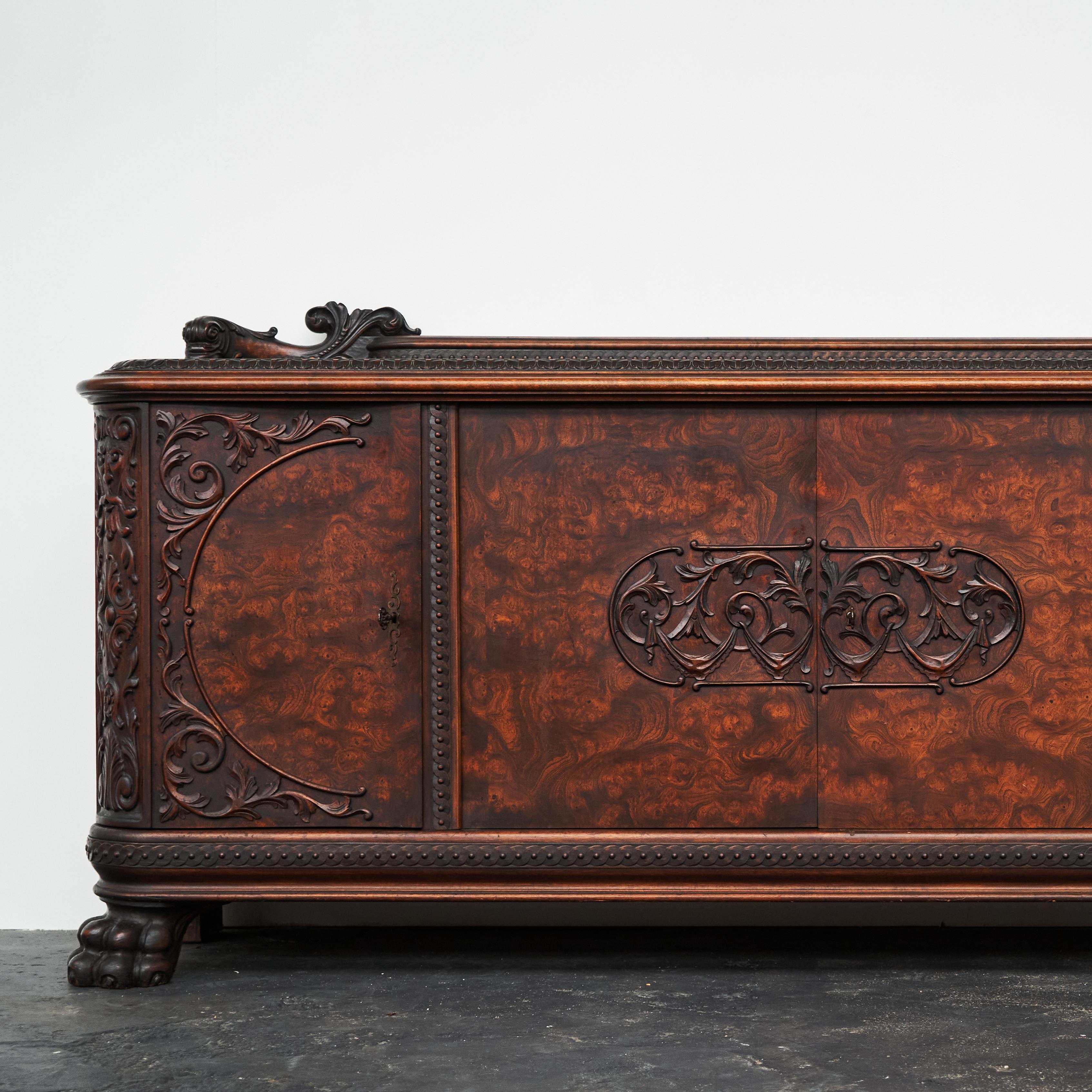 European Sideboard in Solid Carved Wood and Walnut Burl 1940s For Sale