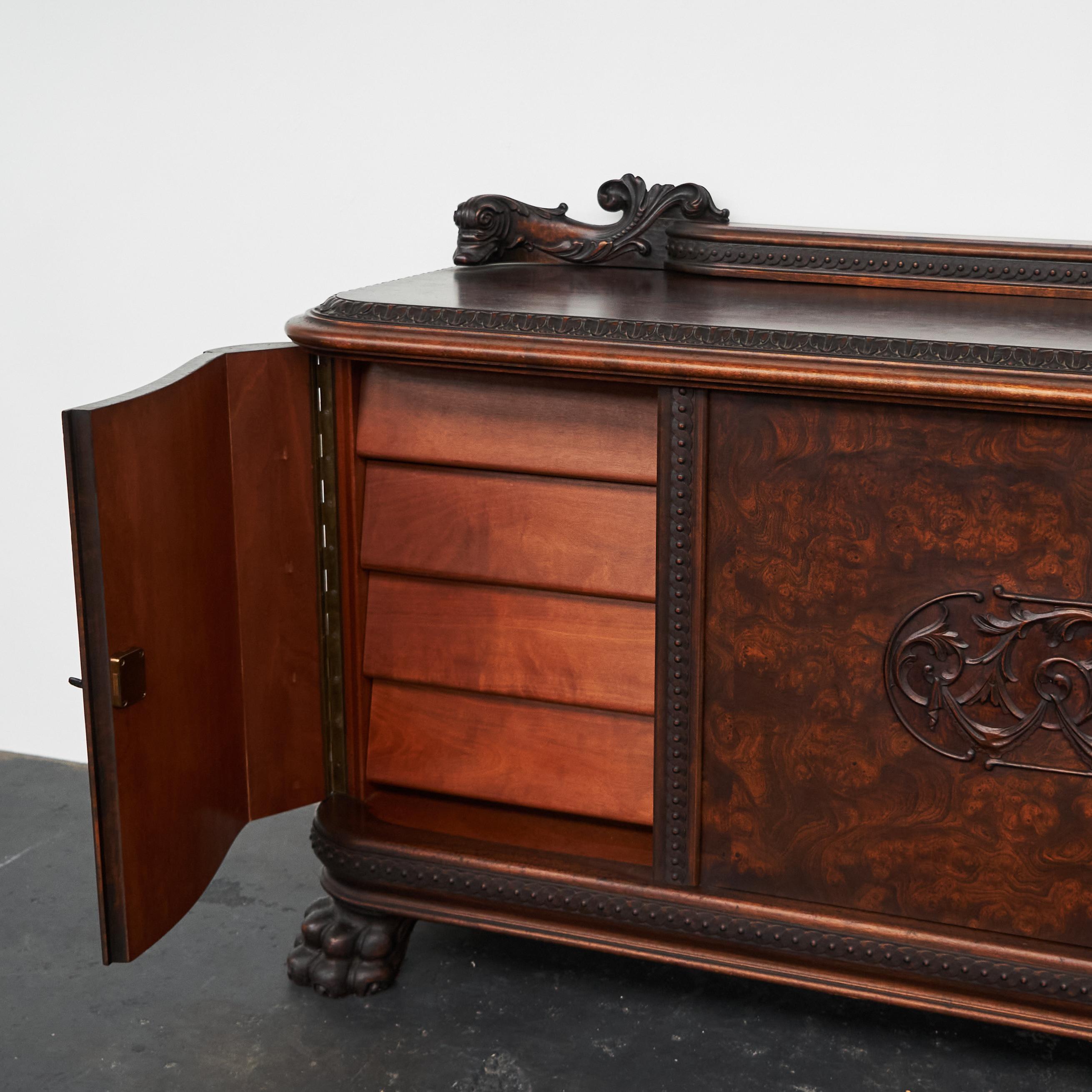 20th Century Sideboard in Solid Carved Wood and Walnut Burl 1940s For Sale