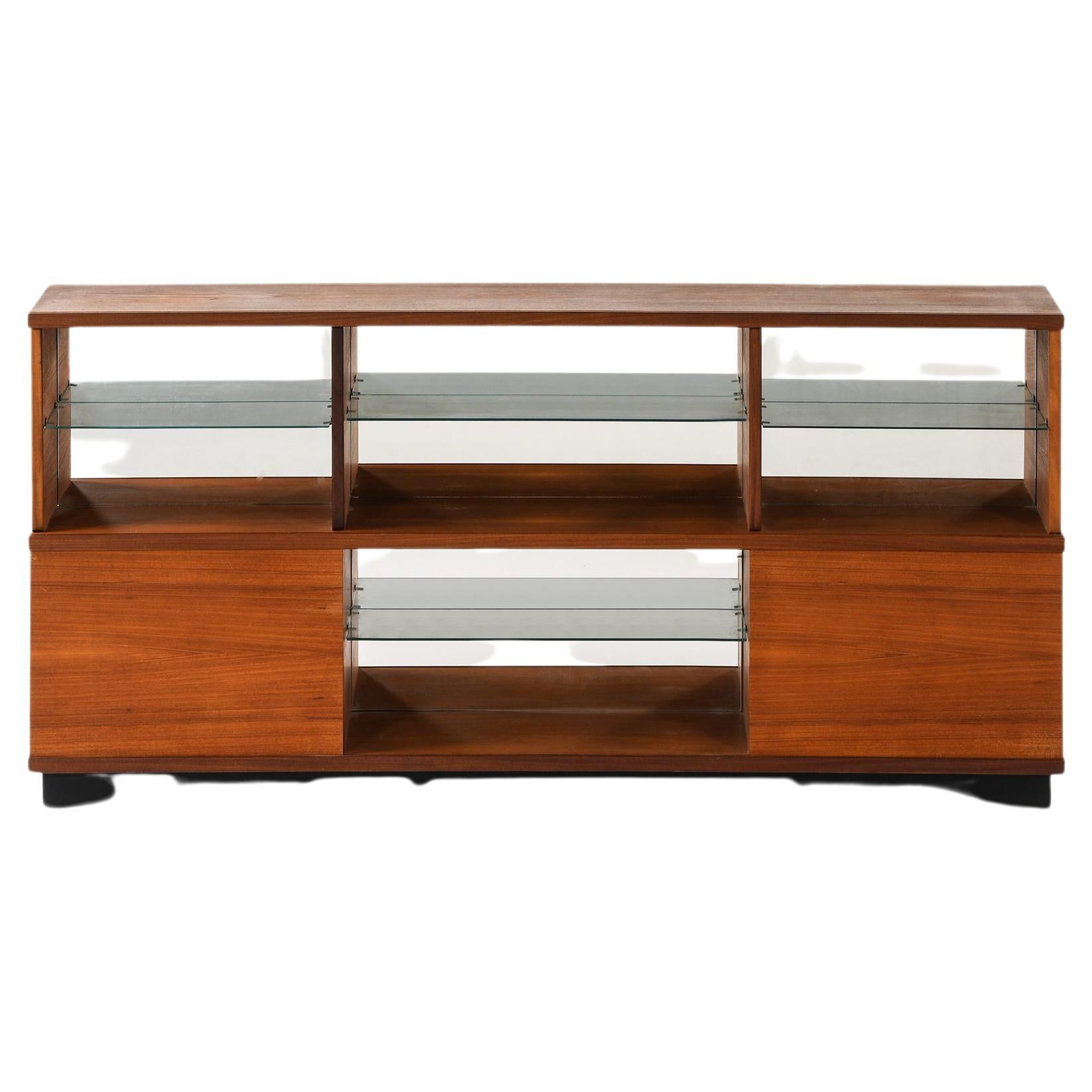 Credenza in teak, laccato nero, vetro a specchio e vetro, 1957-1958 in vendita