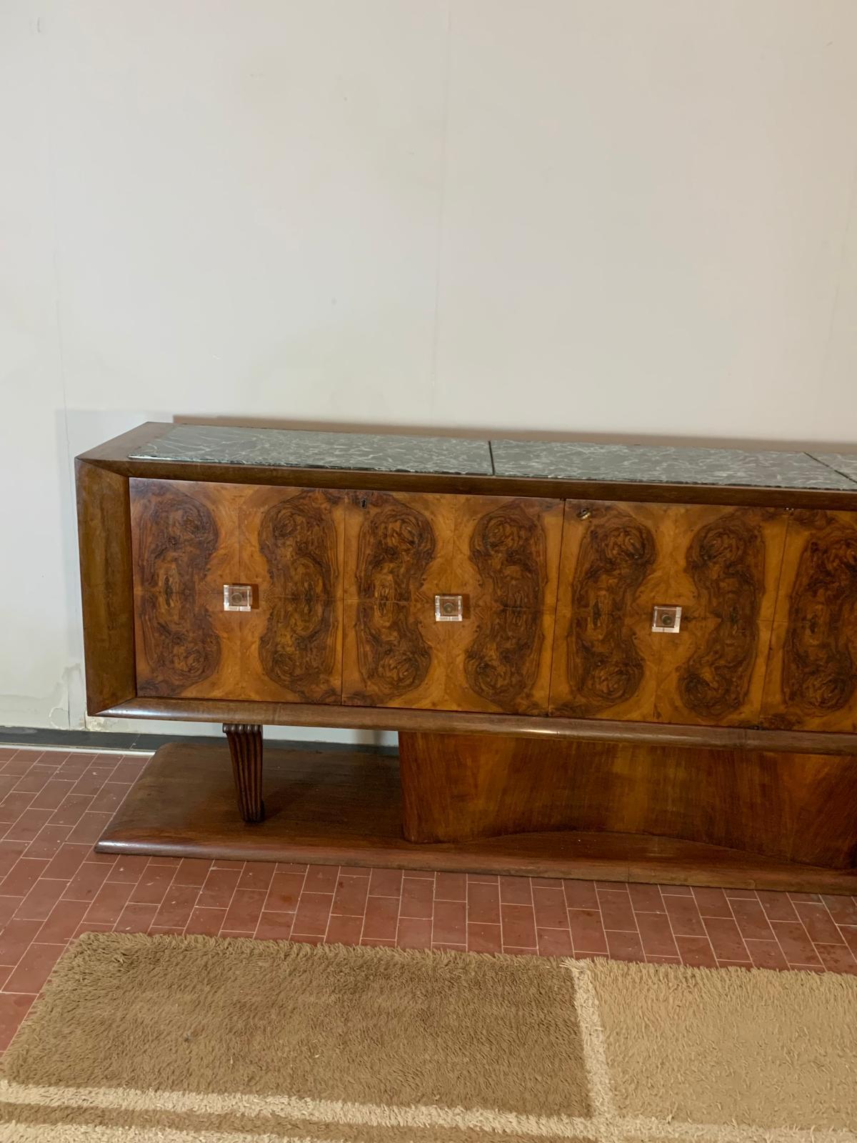 Italian Sideboard in Walnut with Marble Top & Crystal Handles, 1940s For Sale