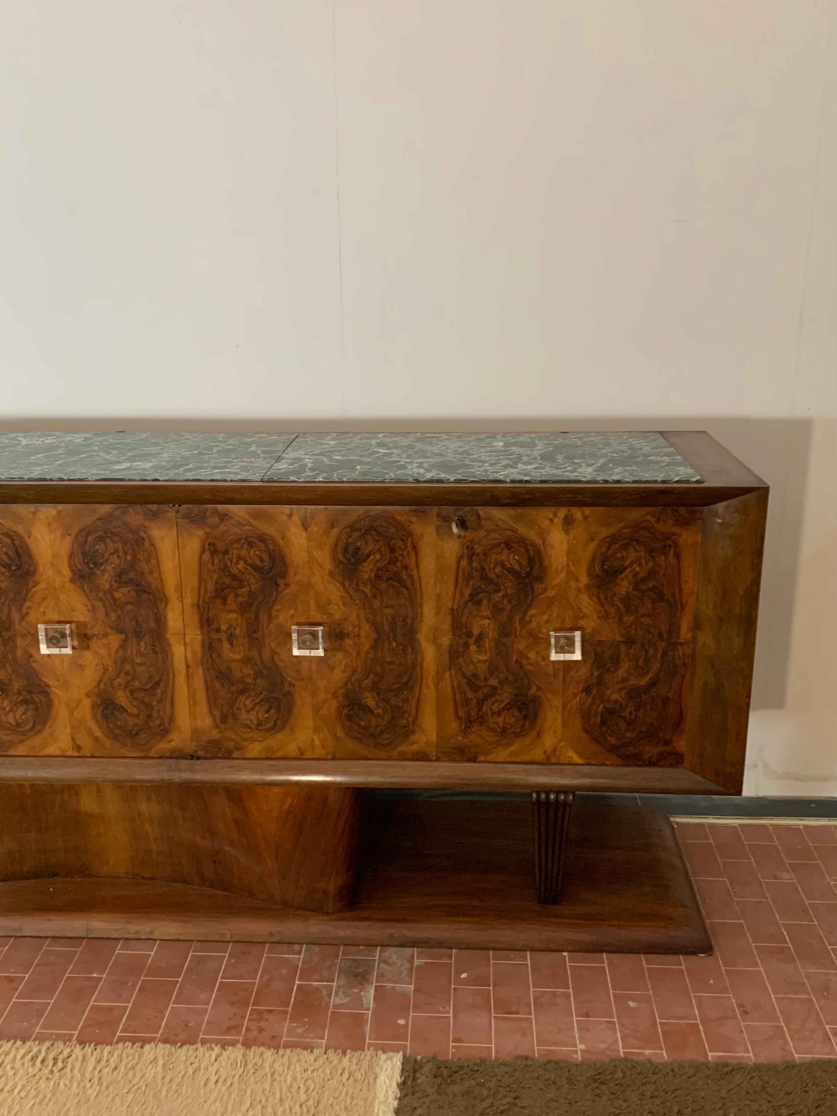Mid-20th Century Sideboard in Walnut with Marble Top & Crystal Handles, 1940s For Sale