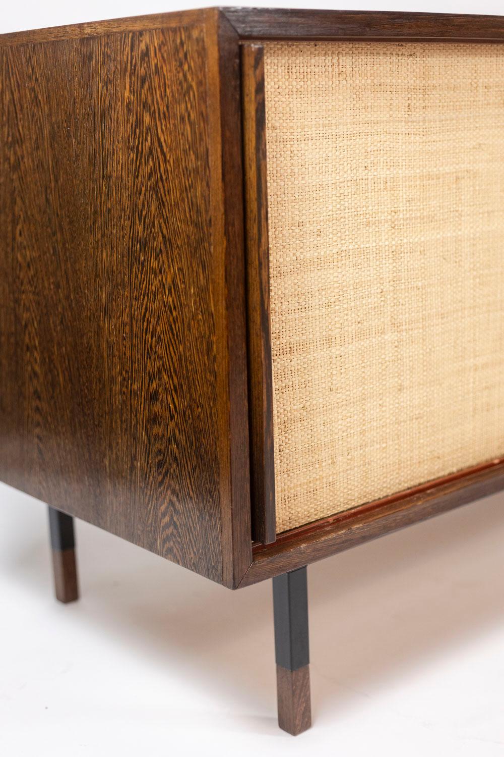 Sideboard in wenge, raffia and lacquered metal. 1970s. For Sale 2