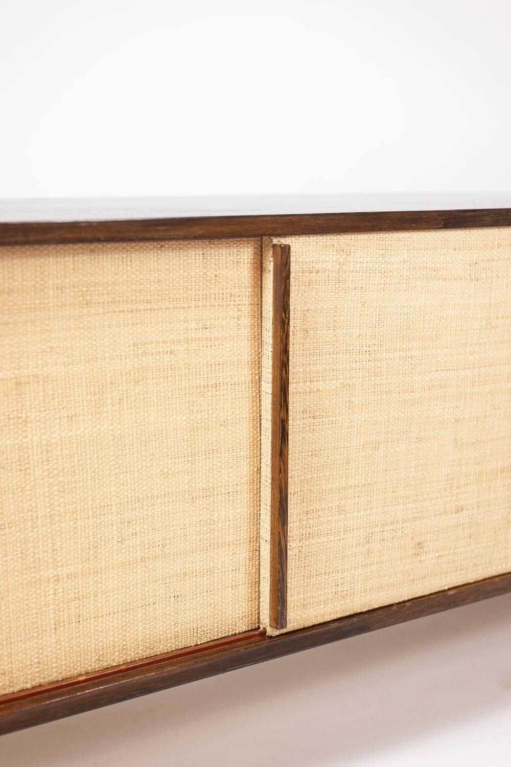 Sideboard in wenge, raffia and lacquered metal. 1970s. For Sale 3