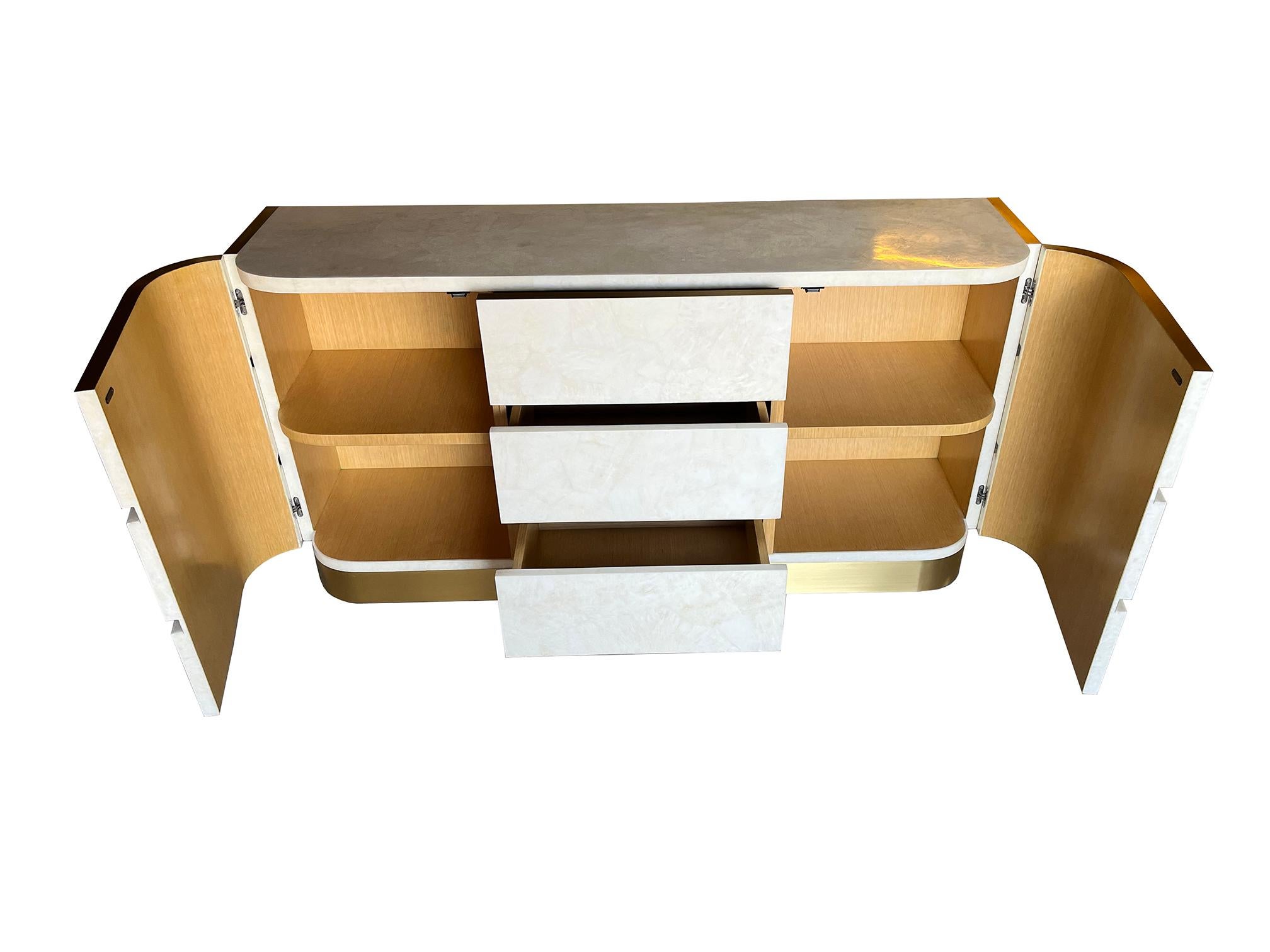 Art Deco Sideboard in White Rock Crystal and Brass by Ginger Brown For Sale